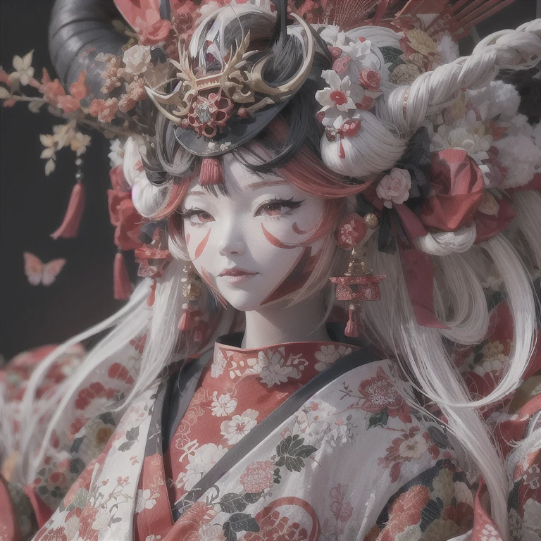 A captivating close-up of a Japanese doll, dressed in a vibrant red and black and white robe and matching hat, reveals intricate details of her Onmyoji portrait. The elaborate, anime-styled 3D design showcases every thread of her red kimono, its texture and weaving evident even at 8k high quality. Her demonic nature is accentuated by her large, fiery demon horn, a stark contrast to her traditionally beautiful appearance. This Japanese doll, rendered in 3D, exhibits Japonisme art in its most detailed form on CGStation, a trending platform for digital artists using ZBrush. Oni doll, anbu foxmask