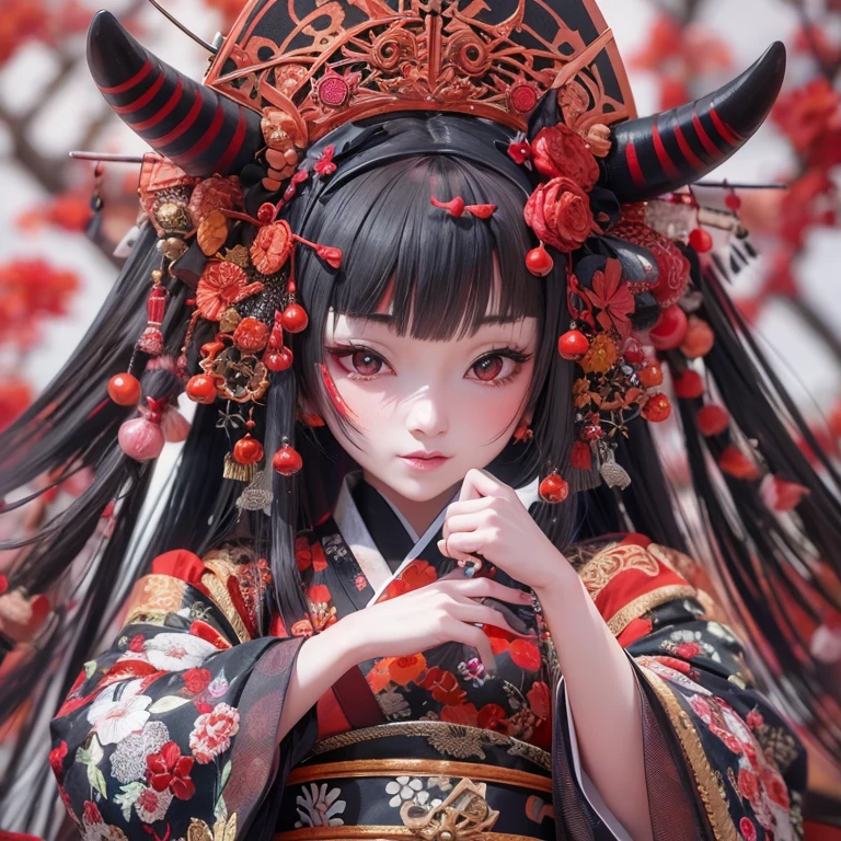 A captivating close-up of a Japanese doll, dressed in a vibrant red and black and white robe and matching hat, reveals intricate details of her Onmyoji portrait. The elaborate, anime-styled 3D design showcases every thread of her red kimono, its texture and weaving evident even at 8k high quality. Her demonic nature is accentuated by her large, fiery demon horn, a stark contrast to her traditionally beautiful appearance. This Japanese doll, rendered in 3D, exhibits Japonisme art in its most detailed form on CGStation, a trending platform for digital artists using ZBrush. Oni doll, anbu foxmask