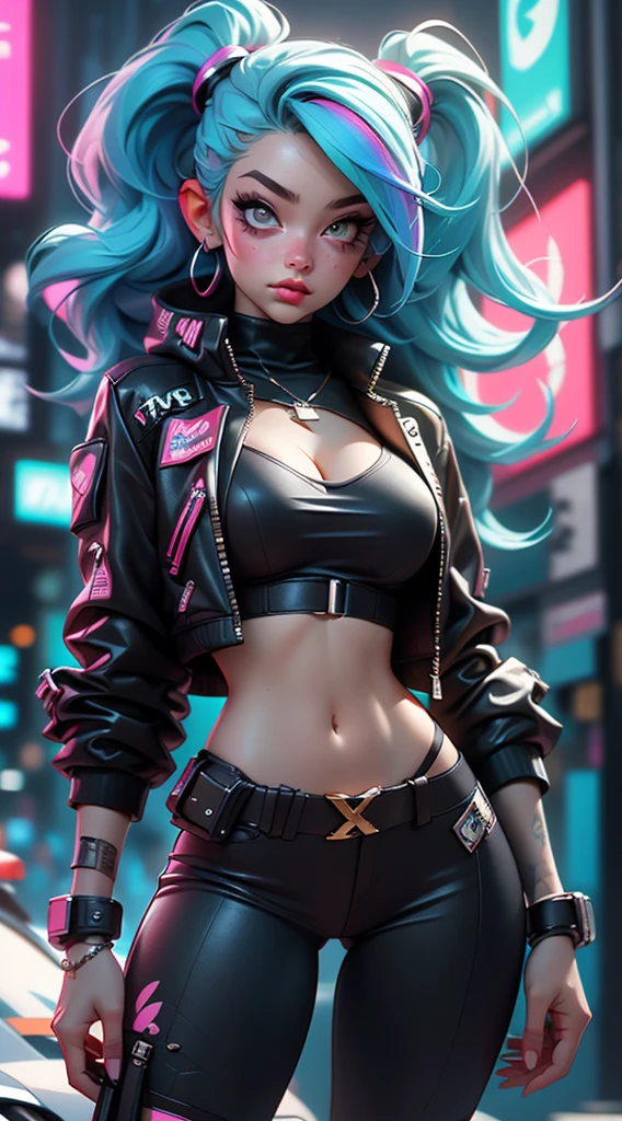 ((Best Quality, best resolution)), ((perfect Masterpiece)), ((Realistic)) and ultra-detailed photography of a 1nerdy cyberpunk girl with goth and neon colors. She has ((long rainbow colored hair)), wears a (Harajuku-inspired cyberpunk tech-wear top) and a (Harajuku-inspired cyberpunk tech-wear bottom:1.2) , ((the most beautiful and sexy aesthetic)), sexy, huge enormously gigantic , cleavage showing, hot