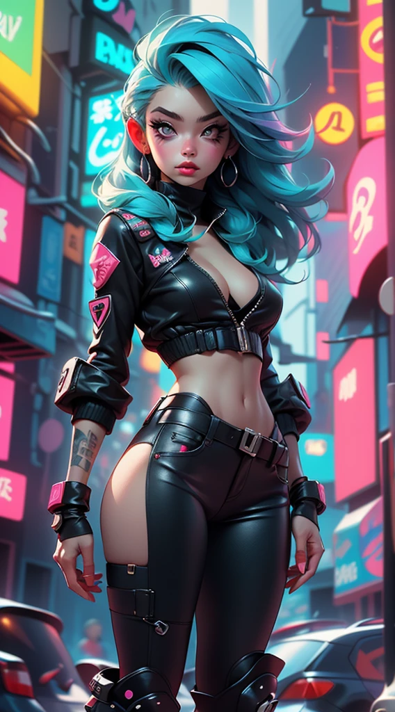 ((Best Quality, best resolution)), ((perfect Masterpiece)), ((Realistic)) and ultra-detailed photography of a 1nerdy cyberpunk girl with goth and neon colors. She has ((long rainbow colored hair)), wears a (Harajuku-inspired cyberpunk tech-wear top) and a (Harajuku-inspired cyberpunk tech-wear bottom:1.2) , ((the most beautiful and sexy aesthetic)), sexy, huge enormously gigantic , cleavage showing, hot