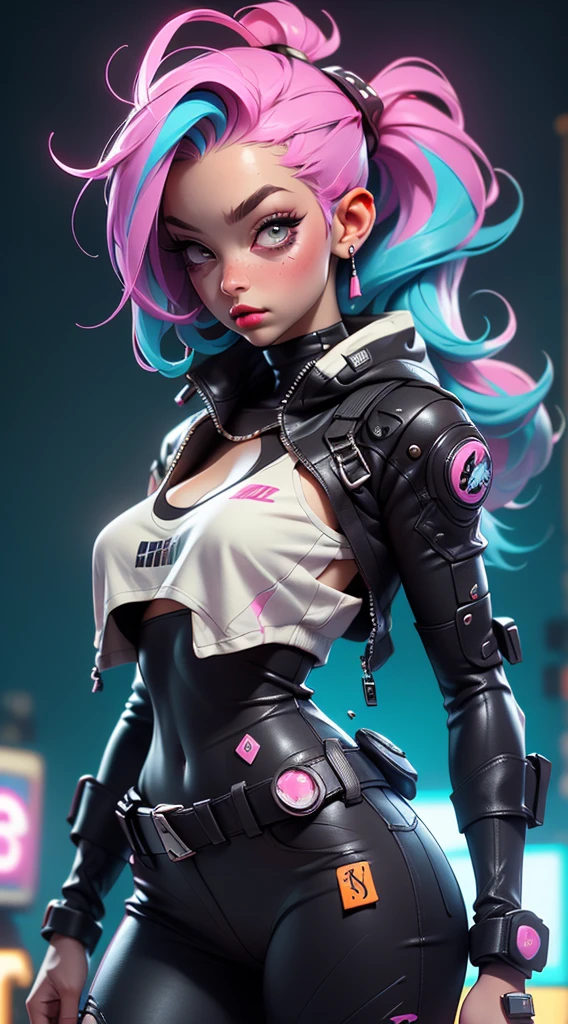 ((Best Quality, best resolution)), ((perfect Masterpiece)), ((Realistic)) and ultra-detailed photography of a 1nerdy cyberpunk girl with goth and neon colors. She has ((long rainbow colored hair)), wears a (Harajuku-inspired cyberpunk tech-wear top) and a (Harajuku-inspired cyberpunk tech-wear bottom:1.2) , ((the most beautiful and sexy aesthetic)), sexy, huge enormously gigantic , cleavage showing, hot