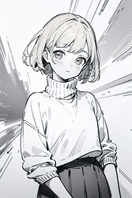 ((highest quality)), ((masterpiece)), (be familiar with), perfect face、girl、pencil、anime style、Flaxen Turtleneck Sweater、skirt、whole body、draft、monochrome、Quiet