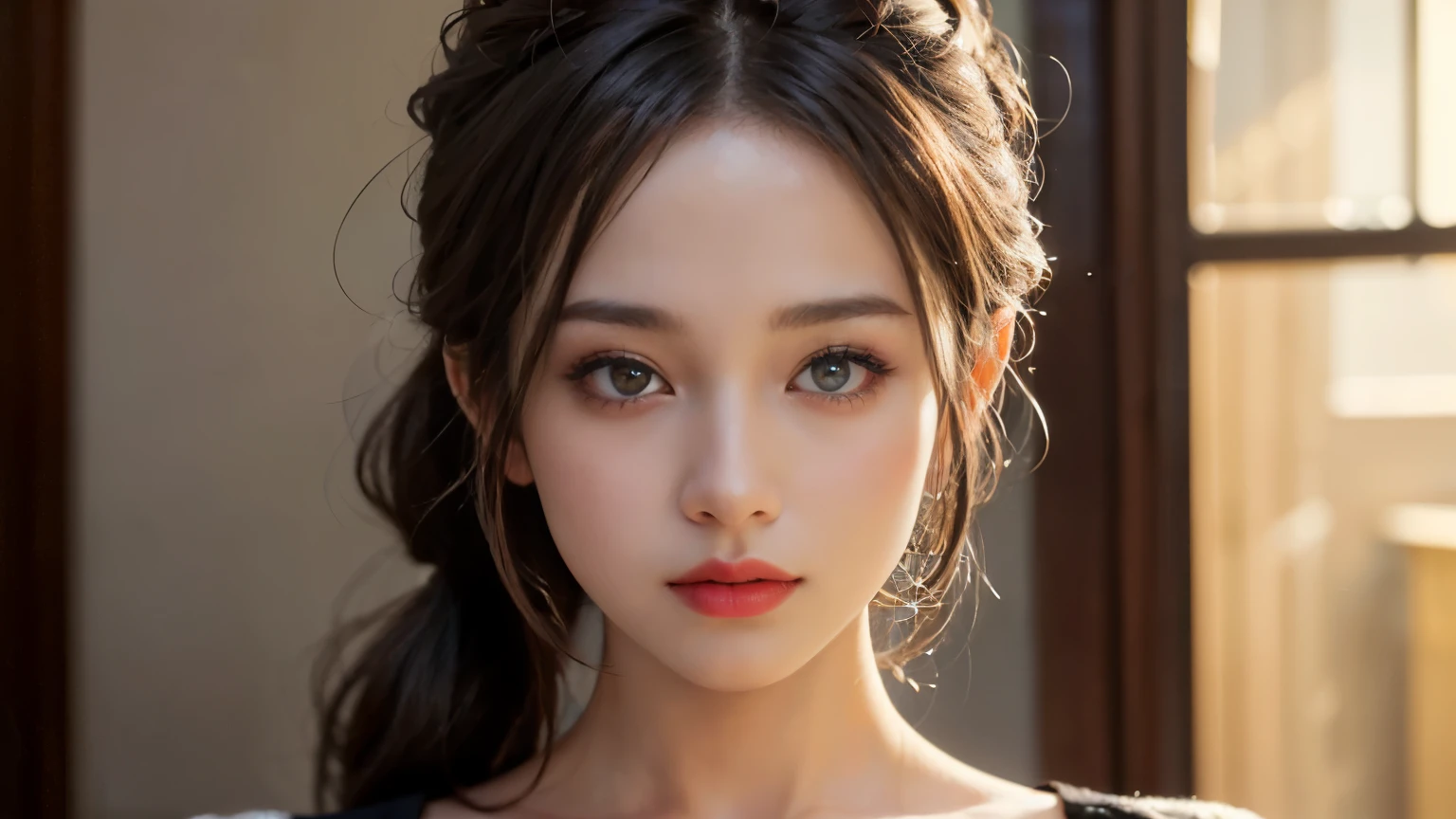 ((masterpiece:1.4)、(highest quality:1.4)、(realistic:1.7))、Masseter muscle part:1.4、pretty girl、girl portrait photography、close up photo、Upper body shot、beautiful face、cute face、detailed eye、draw the eyes clearly, beautiful and charming eyes、beautiful eyes、tight waist、ponytail、Raw photo、red lips、1 screen display、