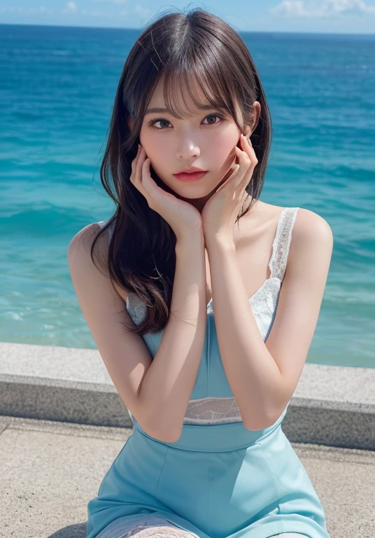 A photo of a Japanese woman with a bold composition that looks like it was taken by a famous art photographer, (((blockbuster art photography)), (8K, The highest quality). Stunning composition using models with outstanding proportions. A perfect beauty model with a confident and balanced appearance, ((The highest quality質)), ((masterpiece)), (be familiar with:1.4), ((The highest quality質のリアルな写真)), ((Photographed with Hasselblad)), ((Best live-action photo quality)), Beautiful womanの画像,super resolution,Slim and perfectly proportioned, Beautiful woman, ((The highest quality質, 8k, masterpiece: 1.3)), Beautiful woman, 1 female, slender body shape: 1.1, A perfect beauty, 20 years old, (realistic: 1.4), ahegao, Shining sweat, thin, Art photo composition with space around the woman, See-through, garter belt, The beautiful Aegean Sea in the background, Writing like a classic movie, anatomically correct hand, anatomically correct legs, anatomically correct whole body,