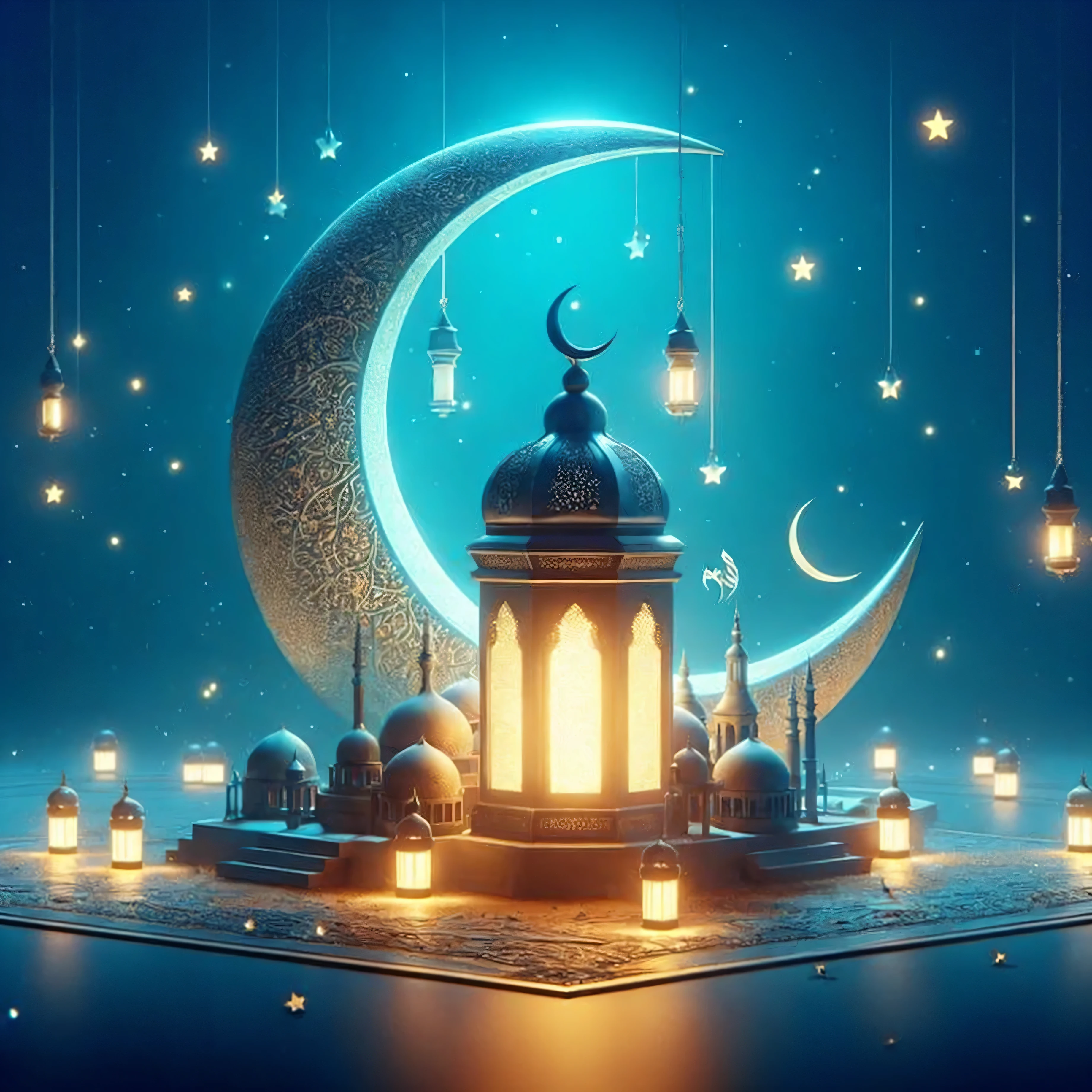 a mosque with a crescent and lanterns in the night, arabian night, arabian nights, themed on the stars and moon, ☁🌪🌙👩🏾, mosque, night with moon and candle, moon and candle, at nighttime, ✨🕌🌙, moon and stars, the moon and stars, arabian art, 8k high quality detailed art, dreamy night