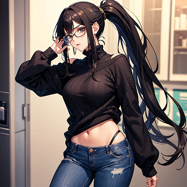 (masterpiece), (perfect hands), best quality, expressive eyes, perfect face, (one woman) with long curly black hair in ponytail and bangs, wearing off shoulder sweater and jeans, bayonetta glasses, half body, casual pose, surprised expression
