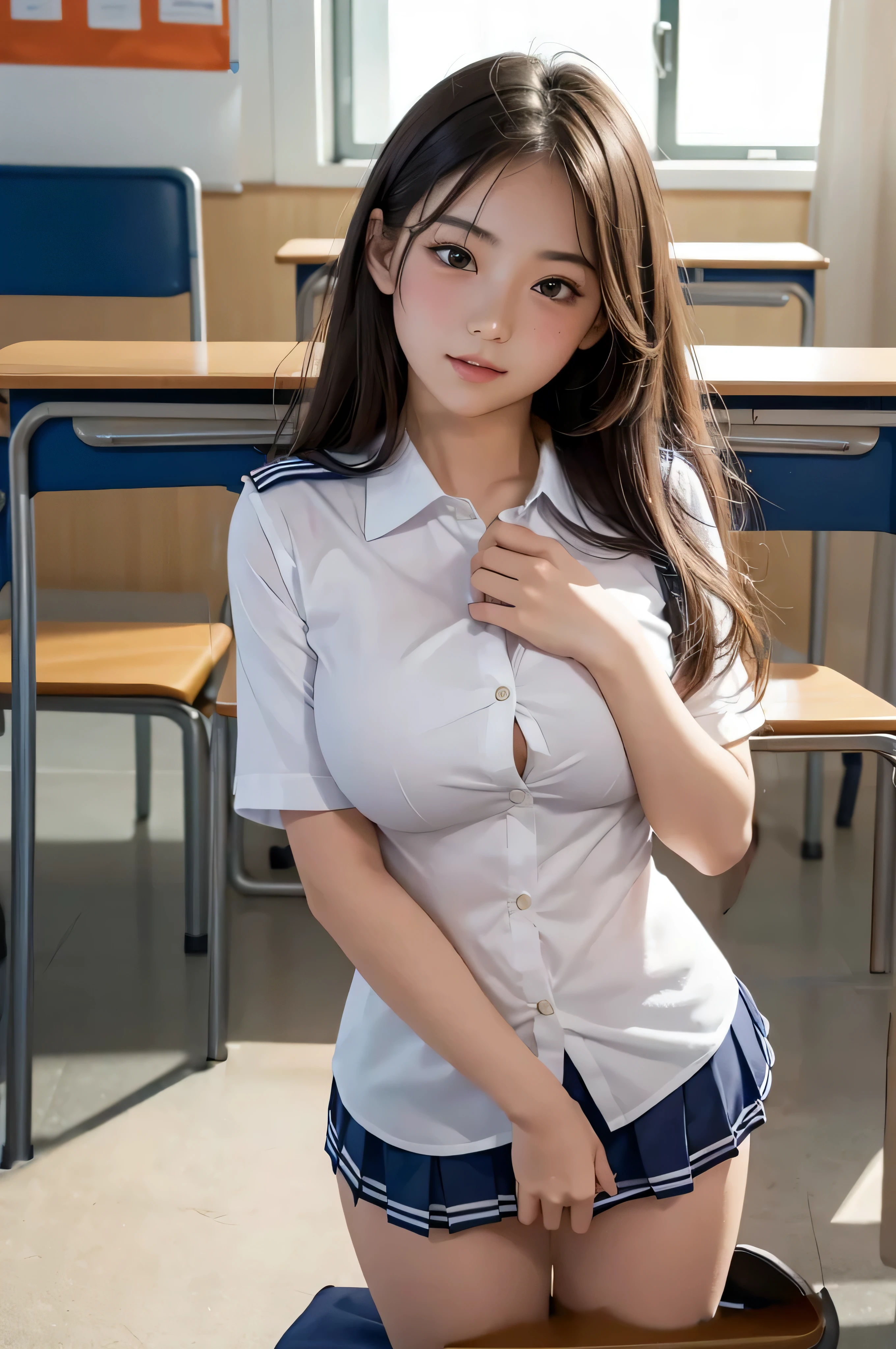 Changed to a busty high school girl's uniform of a shirt and navy blue miniskirt。