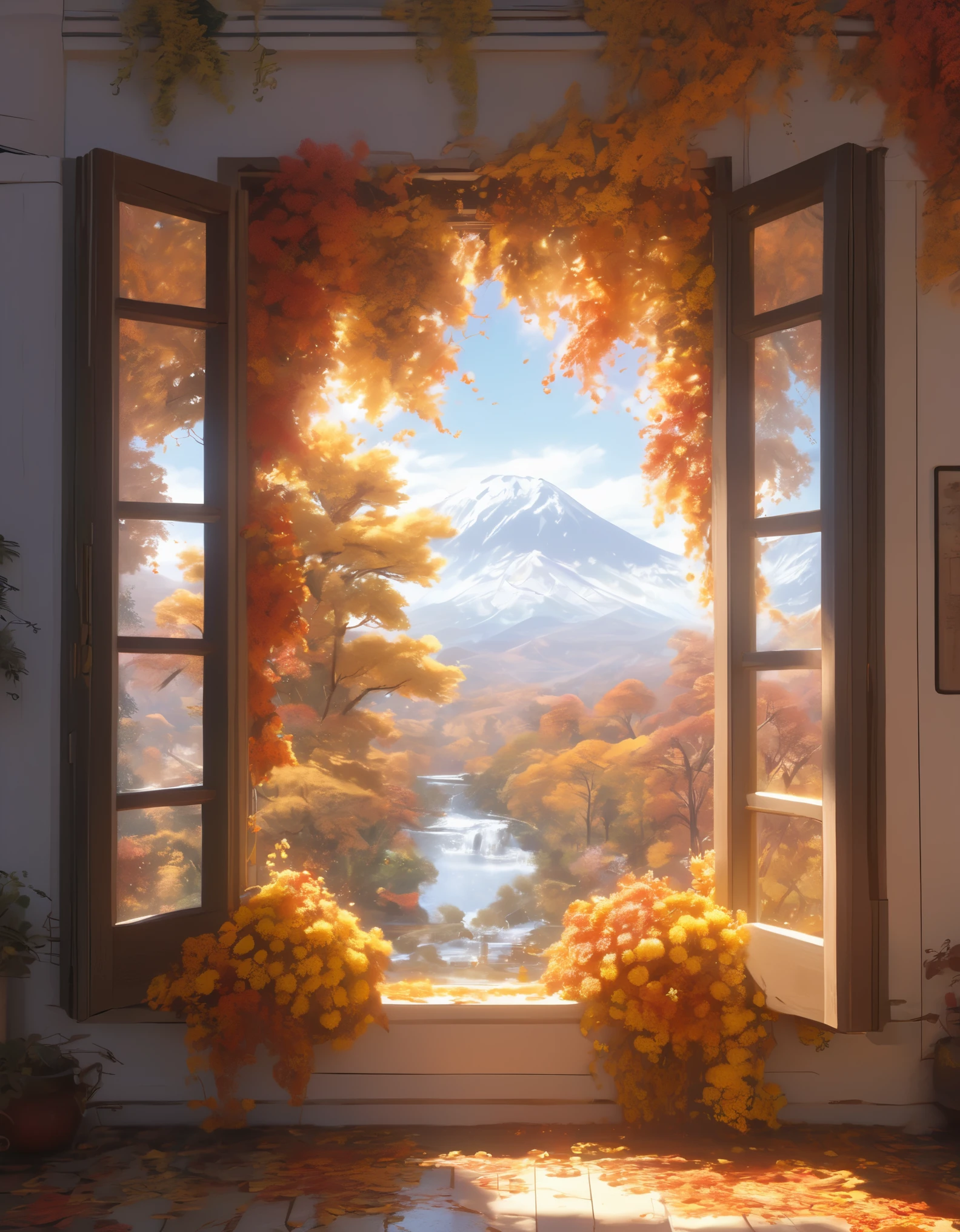 window,The scenery outside the window,autumn,chrysanthemum,running water,8k,masterpiece,Super fine,Rich details,Realistic ray tracing,OC rendererst-person perspective