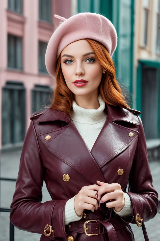 A close-up portrait of a gorgeous, beautiful, stunning russian woman wearing a classy outfit: a red wine double breasted leather trench coat, a white turtleneck sweater and a pale pink beret. A redhead woman from Russia, delicate red lips, pastel pink skin tone, soft flawless pale skin, elegant make-up, red lipstick. Classy, elegant, sophisticated redhead woman, a majestic lady, dream beauty, ethereal beauty, angelical beauty, delicate, sensitive, tender, lovely, romantic, kind-hearted, femenine and strong, brave, determinated woman. Elegant look, flowing and glowing wavy ginger hair. She's making a photo book, posing for camera, professional photograph, editorial photograph, portrait photograph of a russian model.