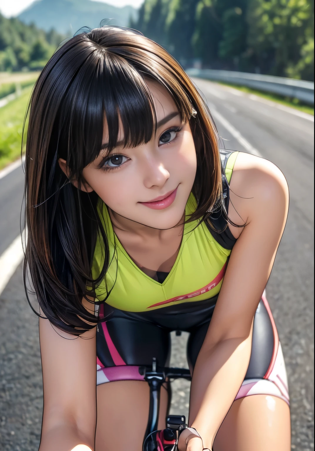 (8K、ultra high resolution、best quality、masterpiece、actual、ultra high resolution:1.2)、HD RAW color photos、Professional photos、 (whole body:0.6)、(actual、photo actual、motion blur:1.37)、(A big smile、Lovely smile)(big breasts、かなりのbig breasts、Always cover all breasts、Toned body:1.2)、((Always colorful and very shiny road bike racing、A beautiful female cyclist，Always ride your bike dynamically in road races.:1.3))(bright colors、vivid lights、Mountainous area、Smooth pedaling action、Rat race、High performance road bike:1.2)(Draw diagonally from below、natural skin texture、delicate skin、Surrealism、intricate details、written border depth、adult women、big breasts、long hair、(masterpiece、best quality、high detail))、smile happily、beautiful brunette、big eyes、clear double eyelids、eyelash、please let me see your ears、perfect face、beautiful bangs、beautiful bangs、Small face、helmet(look at the audience、Eye highlights、lip gloss、black short bob)