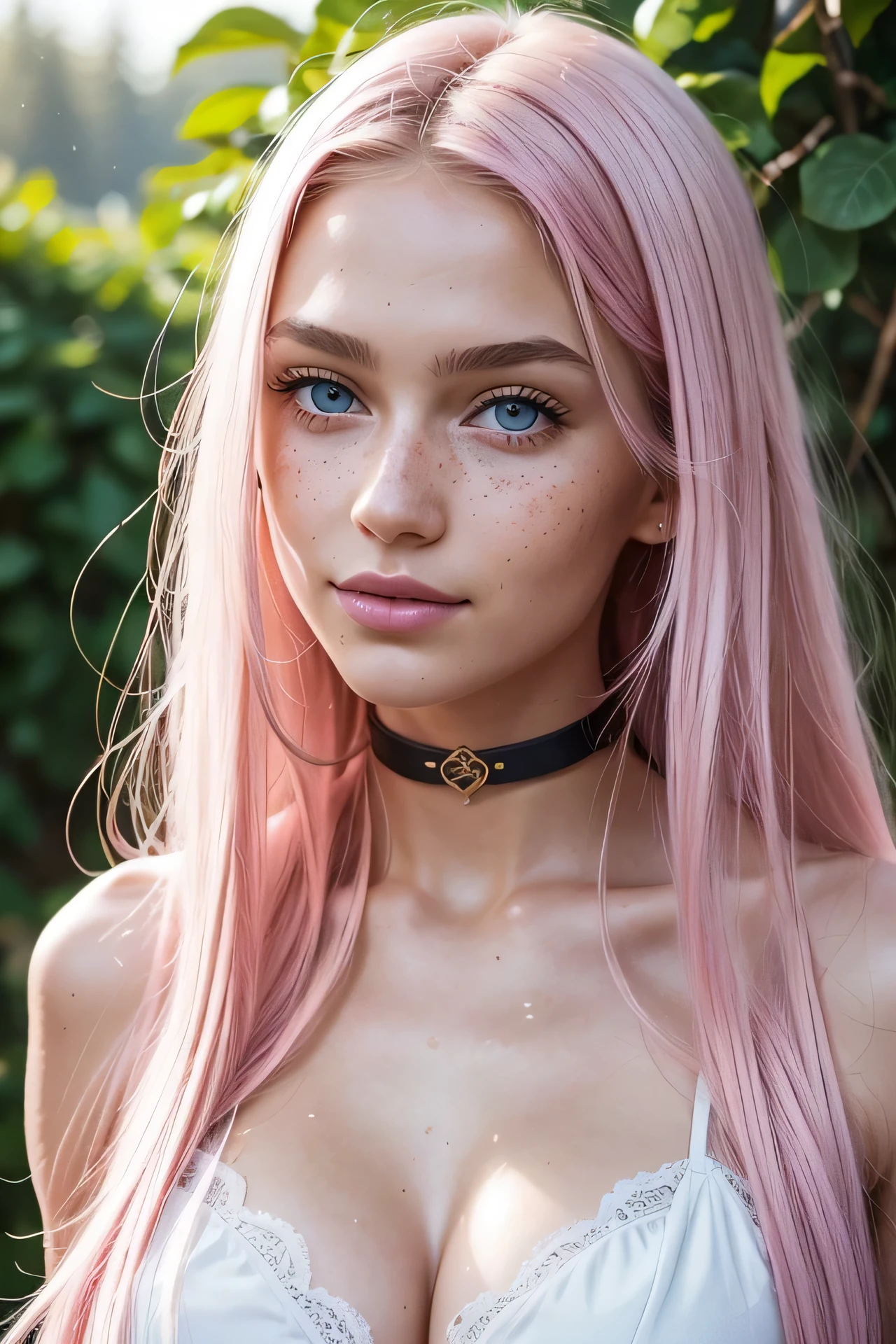 Full body, high quality photo beautiful cute girl, 16years old, skinny, tall, fit Scandinavian Ukrainian origin, she has a free frontal face, she has an angelic face, long messy pink hair, wet tied back, she has big green eyes, her face is light, elegant, highly realistic , pink skin, some freckles, thick natural shiny lips, natural skin makeup, pink choker, tight pink corset, small breast, tiny hips, light smile, feeling of lightness and joy, hyperrealism, very elaborate skin, beautiful and shiny long pink hair