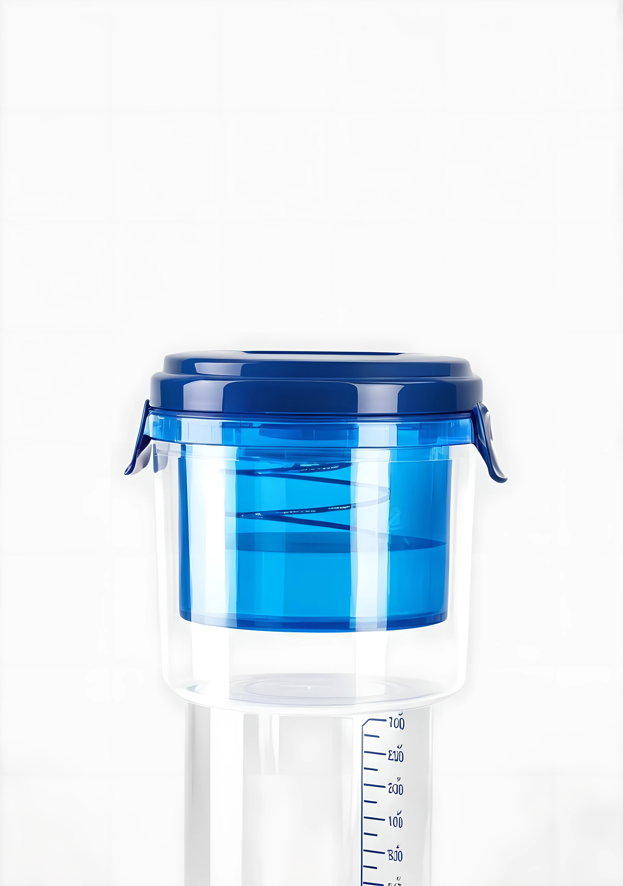 The focal point is a high transparency blue bright plastic container with a perfectly high gloss textured plastic blue lid. The glass is extremely smooth and reflects soft light. It is clean without any stains, showing the purity and high-end of glass products. The plastic cover has a strong glossy texture, and its high-gloss spots accurately reflect ambient light, making its high-quality material easy to identify. Below is a highly transparent and high-quality measure, with the entire background in gray and white tones, enhancing the comfort of home and homemade food.