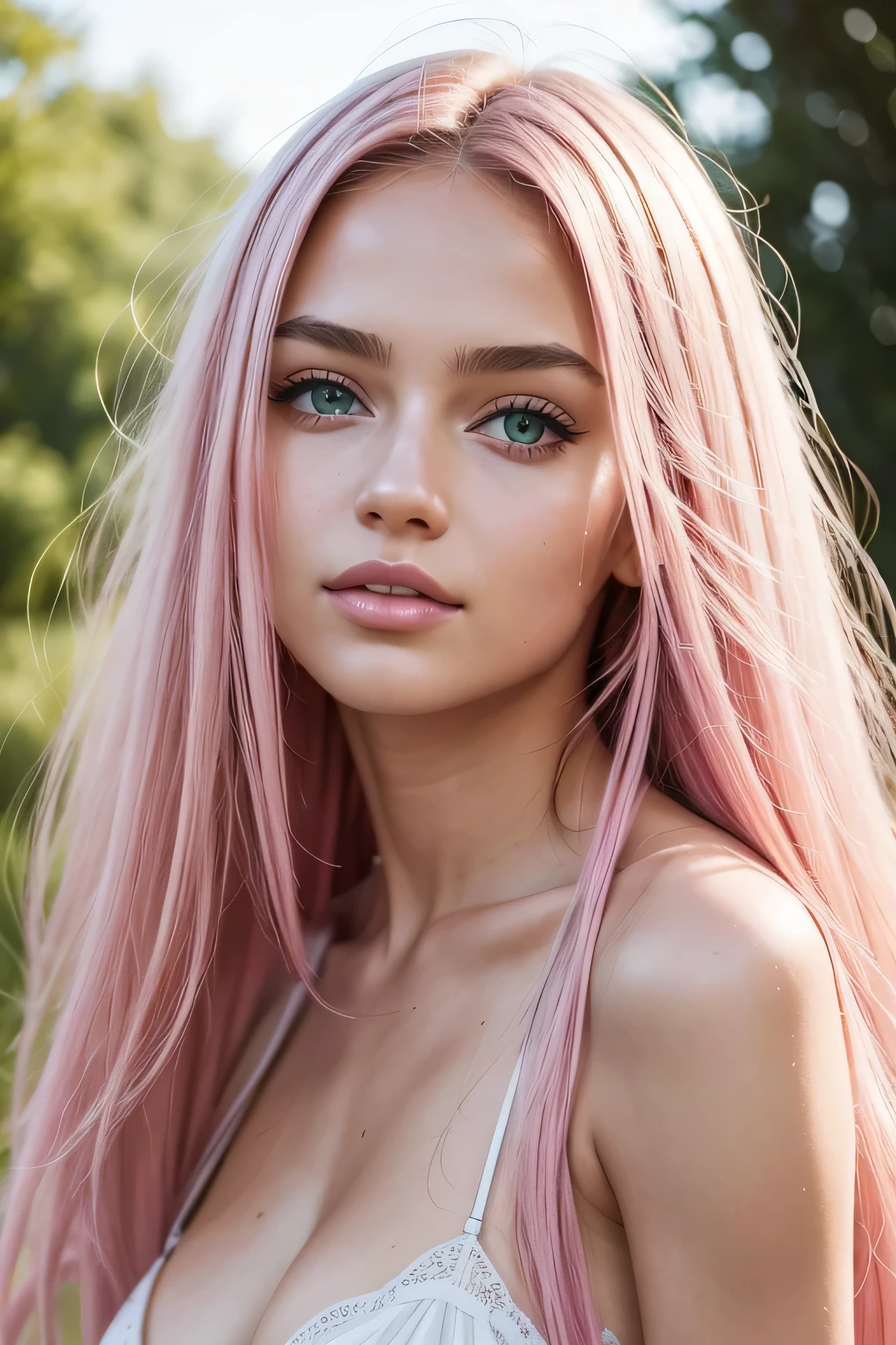 beautiful cute girl, ars old, skinny fit Scandinavian Ukrainian origin, she has a free frontal face, she has an angelic face, long messy pink hair, wet tied back, she has green eyes, her face is light, elegant, highly realistic , pink skin, thick natural shiny lips, natural skin makeup, light smile, feeling of lightness and joy, hyperrealism, very elaborate skin, beautiful and shiny long pink hair