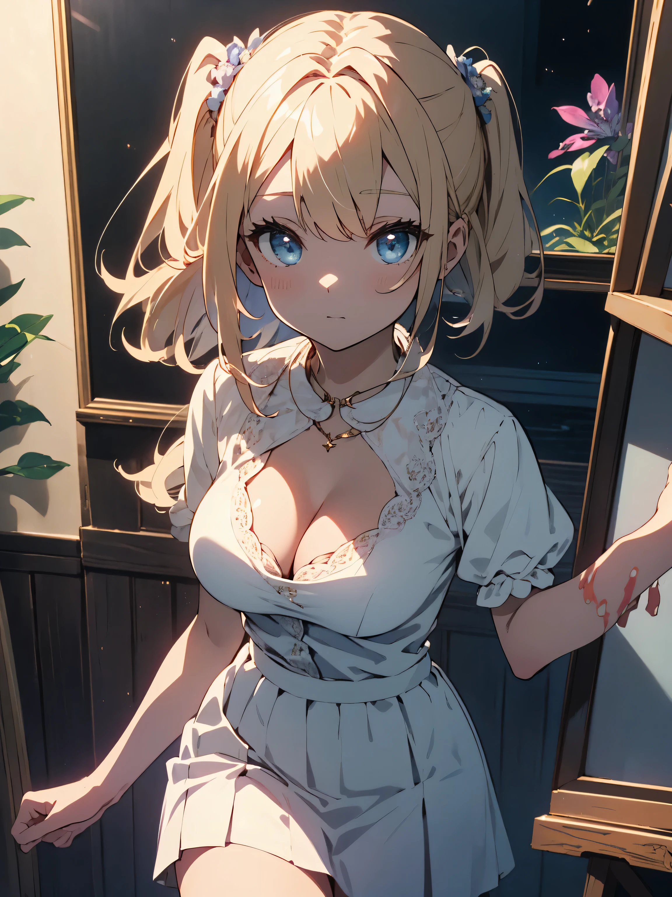 (highest quality、masterpiece、High resolution、detailed)、(Shining eyes、detailed beautiful face)、pity、((beautiful venus:1.9、woman))、(blonde hair)、(White flared skirt dress)、(Thin silk material)、(cleavage:1.4)、thighs:1.3、intricate skirt、Fantastic beautiful background:1.7、painting、Vines are wrapped around the edge of the painting、Beautiful flowers are blooming around the painting.