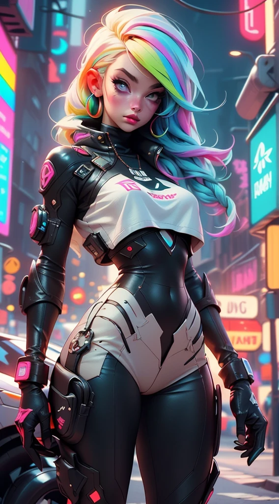 ((Best Quality, best resolution)), ((perfect Masterpiece)), ((Realistic)) and ultra-detailed photography of a 1 nude cyberpunk girl with goth and neon colors. She has ((long rainbow colored hair)), no cloth, ((the most beautiful and sexy aesthetic)), sexy, hot