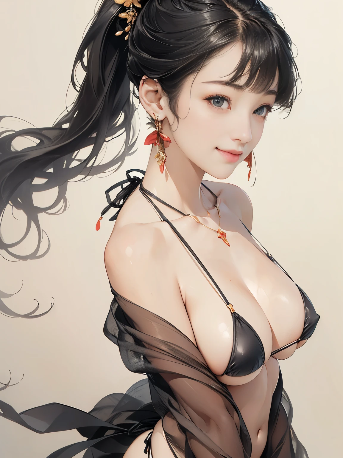 ((((highest quality))))、(((Ultra-precision CG16K wallpaper)))、(((masterpiece)))、(((Super detailed)))、(((super extreme details)))、((1people's women))、mature woman、24 year old woman、(((clarity、detailed face:1.6)))、((Japanese face))、((very beautiful face))、((nanao:1.5))、((straight long ponytail hair、blunt bangs:1.5))、(shiny brown hair)、((Big eyes with double eyelids))、beautiful delicate eyes、brown eyes、raised eyebrows、high nose、small nostrils、small mouth、seductive lips、beautiful breasts、((C cup size breasts))、cleavage、plump body、(Chubby body type)、perfect proportions、perfect anatomy、perfect composition、beautiful detailed shading、beautiful natural lighting、beautiful detail glow、Depth of the bounds written、(((High chroma)))、(((real:1.9)))、((vivid:1.5))、((edge:1.6))、((beautiful skin))、((skin texture))、((realな皮膚感))、(((bust shot:1.6)))、((front view:1.8))、((shy smile:1.5))、(Eyes looking at me:1.5)、Bright daylight、Natural light、(((plain background:1.3)))、(standing pose:1.5)、(((micro bikini swimwear_black clothes:1.6)))、((earrings、wearing necklace:1.3))、