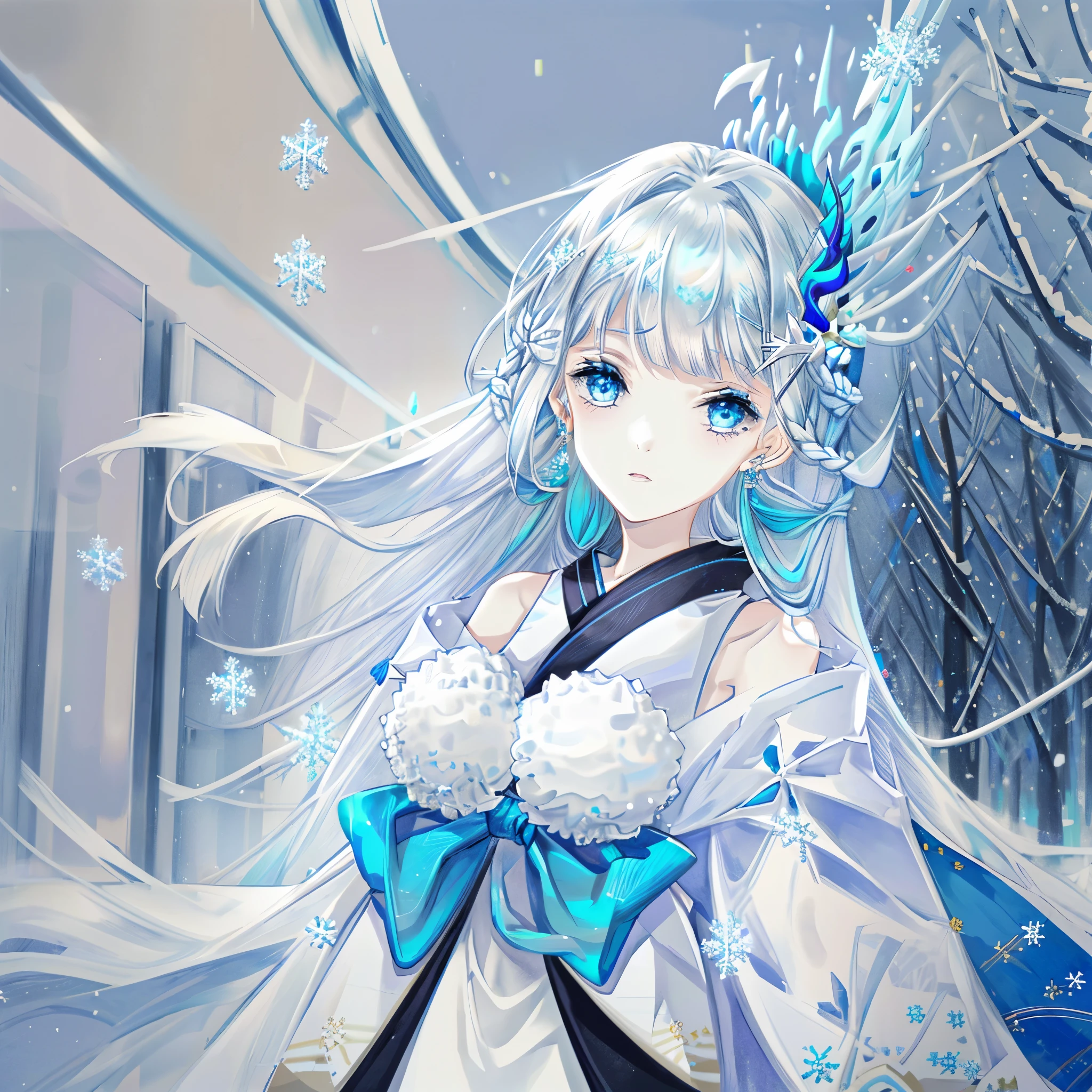 winter,1girl, pale skin, snowflake-themed outfit, ice crown, , neutral expression, ice crystals, elegant, , snowflakes,  1girl,Japanese kimono, bare shoulder, light blue hair, extremely long hair, blue eyes, hair ornament, blue ribbon, blue earring