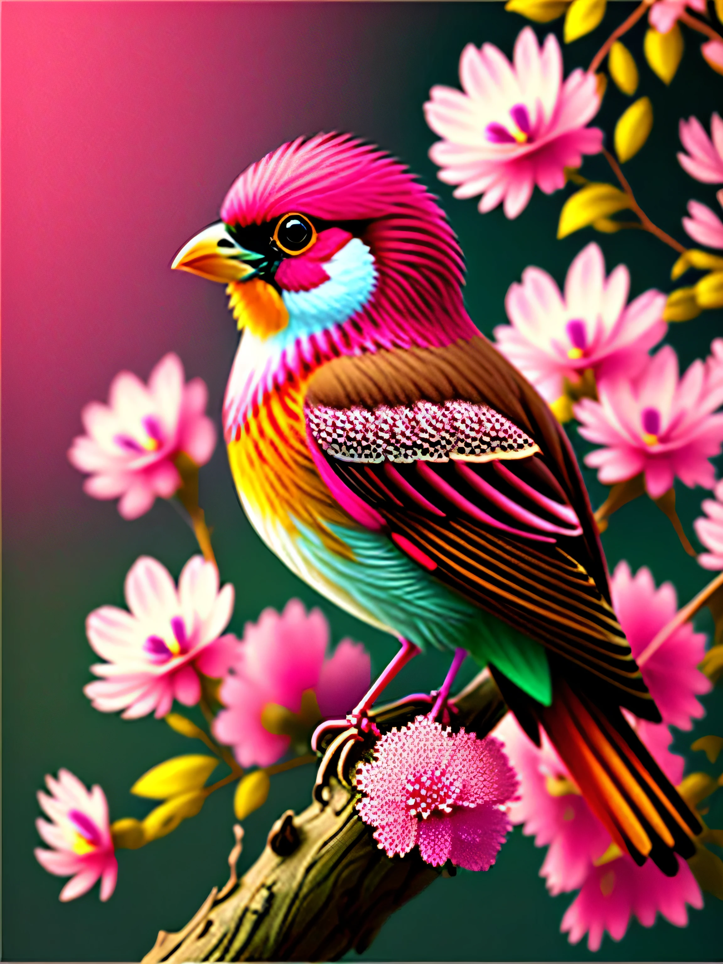 A bird perched on a branch with pink flowers, CGI art, Reddish yellow, hyperrealistic sparrows, pinterest, realistic art style, rich colors, AI generated image, highly detailed portrait, sing for you, breathtaking renderings