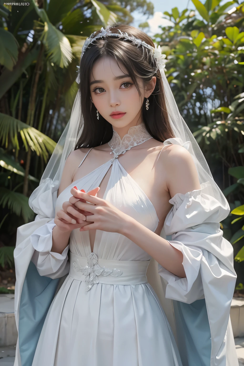 Melhor qualidade、obra-prima、Ultra high resolution、real、1 garota、pele brilhante、((surreal detalhado))、Foto mundial、8k、detalhes altamente complexos、olhos brilhantes、Cabelo preto liso、highkey、pureerosfaceace_v1、Um sorriso、pose elegante、Seios rechonchudos、Renda transparente ultrafina branca、muitas flores ao fundo , hentai