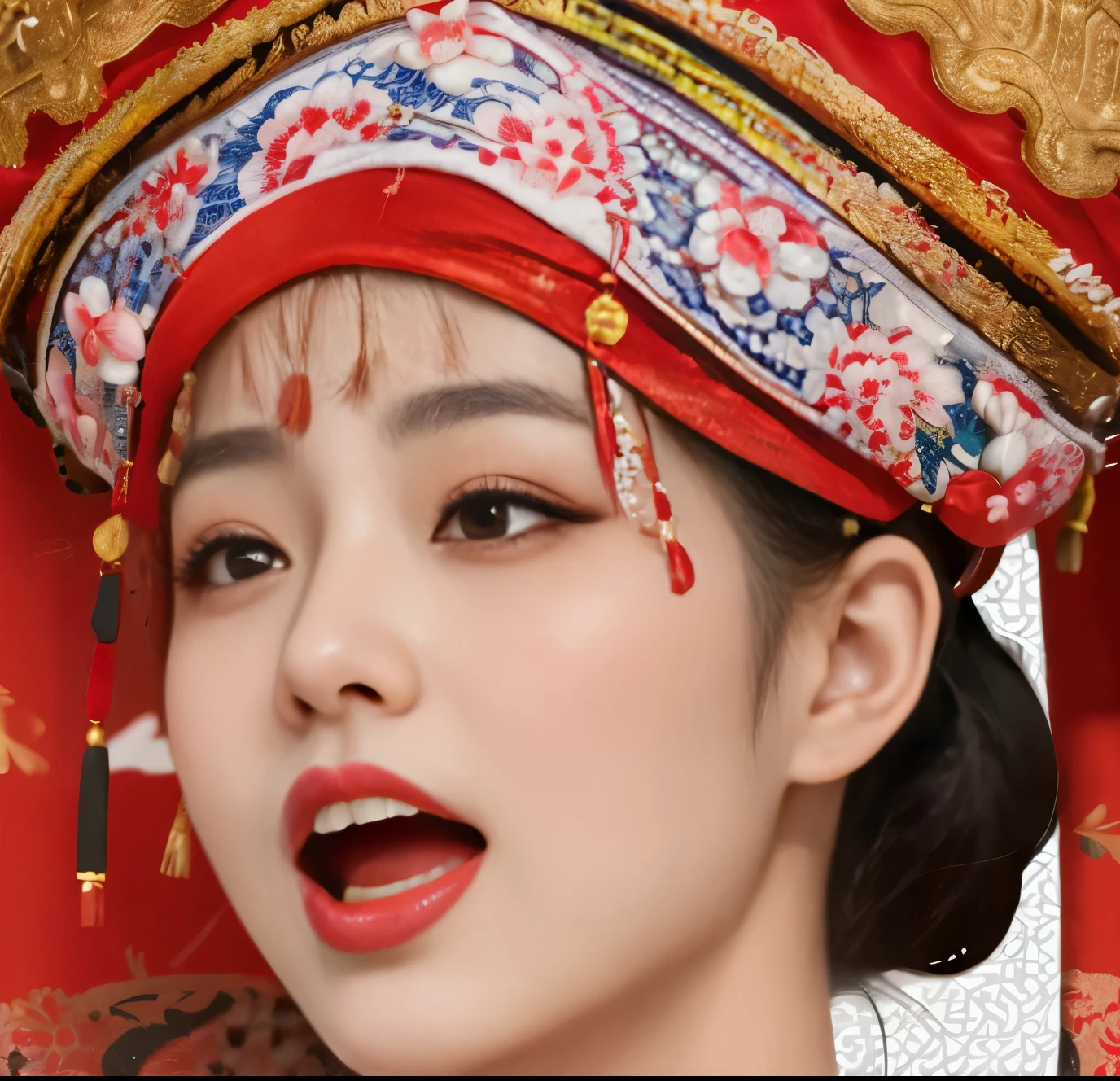 Araffe woman wearing red hat and red skirt, palace , A girl wearing Hanfu, Beautiful rendering of the Tang Dynasty, traditional Chinese, Chinese style, traditional makeup, young cute wan asian face, Detailed face of an Asian girl, chinese woman, asian face, Matching Chinese clothing, Asia super detailed, Chinese girl, Inspired by Xie Huan