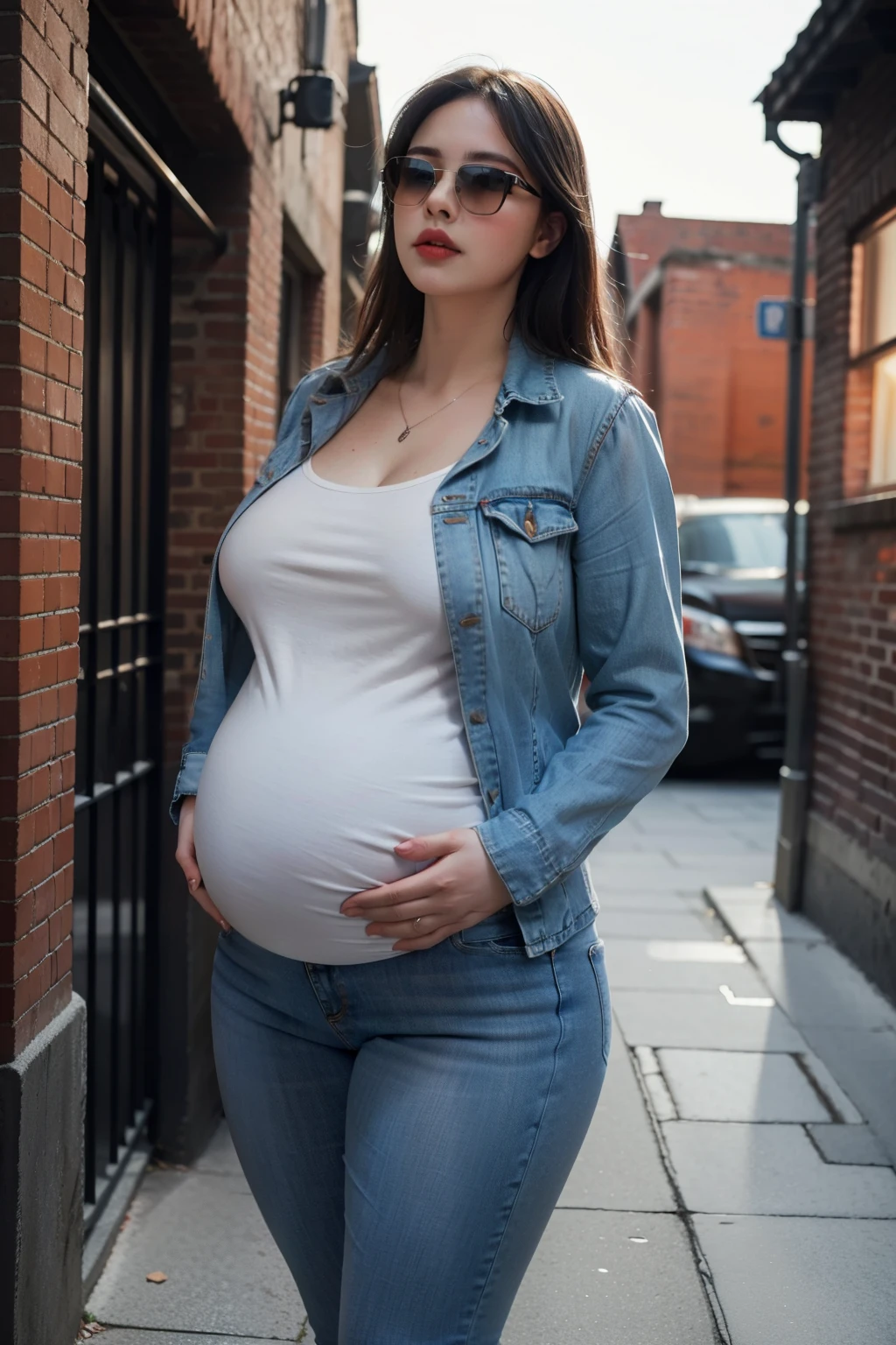 The light is dim,Wearing light blue skinny denim shorts,Red suit,Plump buttocks,Pear-shaped body, huge pregnant,fully body photo,Gray brick walls,In the moonlit alleys at night,With black sunglasses,Classic art photographs,with details,There are close-ups,