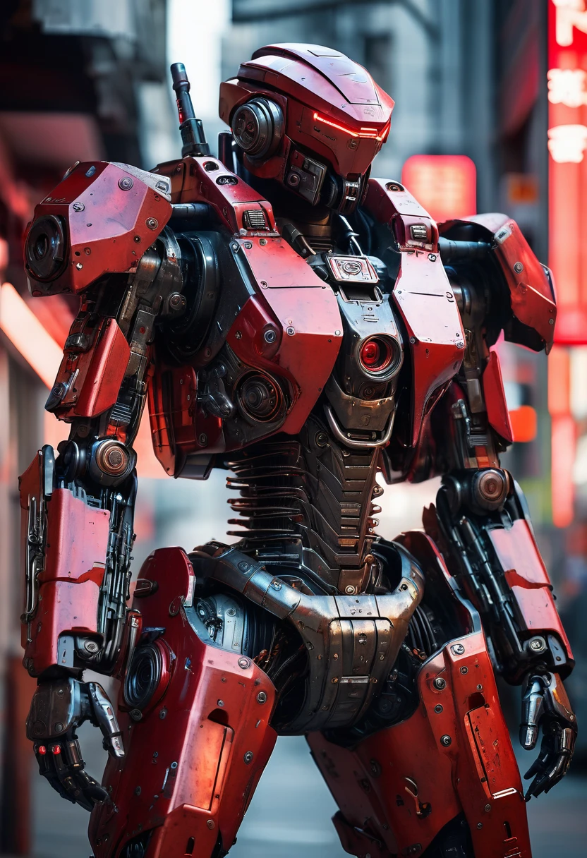 Dark_fantasy, Cyberpunk, Full-body mechanical armor (red rotating machine gun: 1.1), 1 man, Mechanical Wonder, Robot Presence, Cyber Guardian, Wearing a shabby mechanical suit, Complex, ([oxidized] steel metal), elegant, bright focus, photographed by Greg Rutkowski, soft lighting, bright colors, artwork, ((Street)), cowboy shooting, dynamic pose, Three knobs