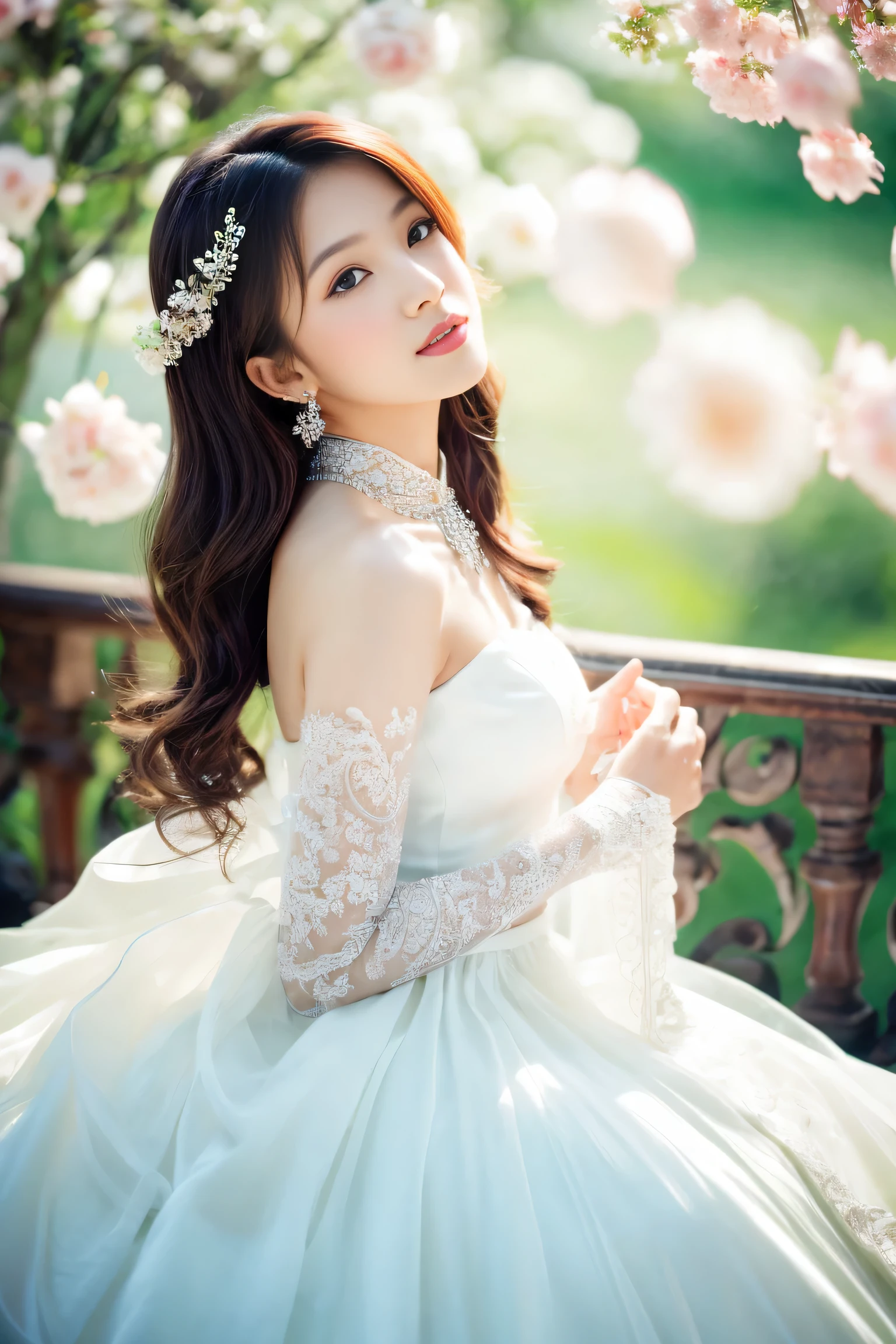 (best quality,High resolution,ultra-detailed),1 girl,asian girl,White wedding dress,(Between the petals),fantasy style,soft light,detailed,dreamy colors,elegant posture