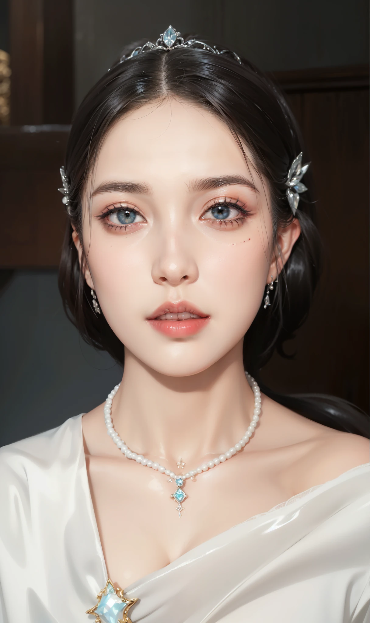 Royal sister,exquisite eyes,ice queen,put the crown on your head,Detailed facial expressions body,tall figure,Attractive figure,Leg length,4K,HD,Sensual,White translucent lace,Fair and plump figure,Good face shape,cherry bites,beautiful and delicious(3D royal sister),plump ass,gloss gel coat,Vampire queen wears luxurious dress,Have a tattoo(intricate tattoo designs),upper body portrait,elf princess,girl,Rich facial details