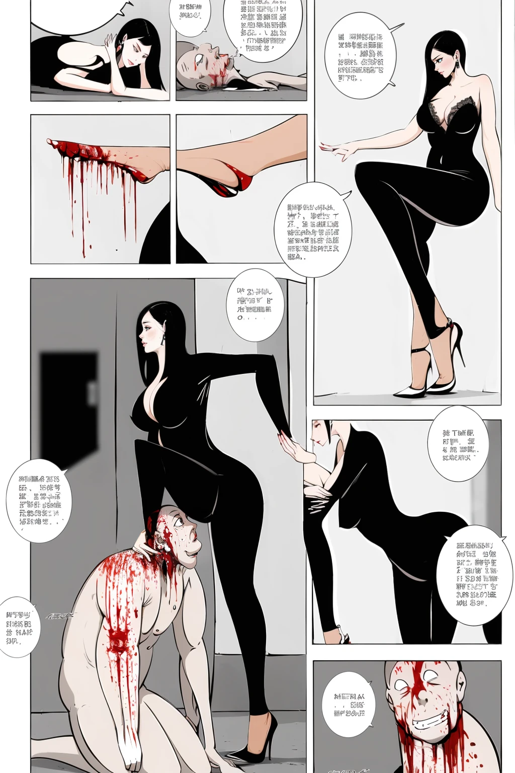 comic storyboard，realistic，3d，Unreal Engine 5，skin texture，anatomically correct,1beautiful girl, long hair,smile,barefoot,lace top,sexy, shiny leggings, thin gap，camel toe，high heels，cleavage,crossed legs,large breasts,leg tattoo,long hair,smile,toenails,) standing,trample，cuts,defloration,indoor,couple,femdom,hetero,saliva , mucus，femdom,blood on clothes,blood on hands,blood splatter,open mouth,kneeling man,sit,trembling man,dead man,sit,bruise man,lying man,man cum,bleeding man,(masterpiece, best quality:1.2)