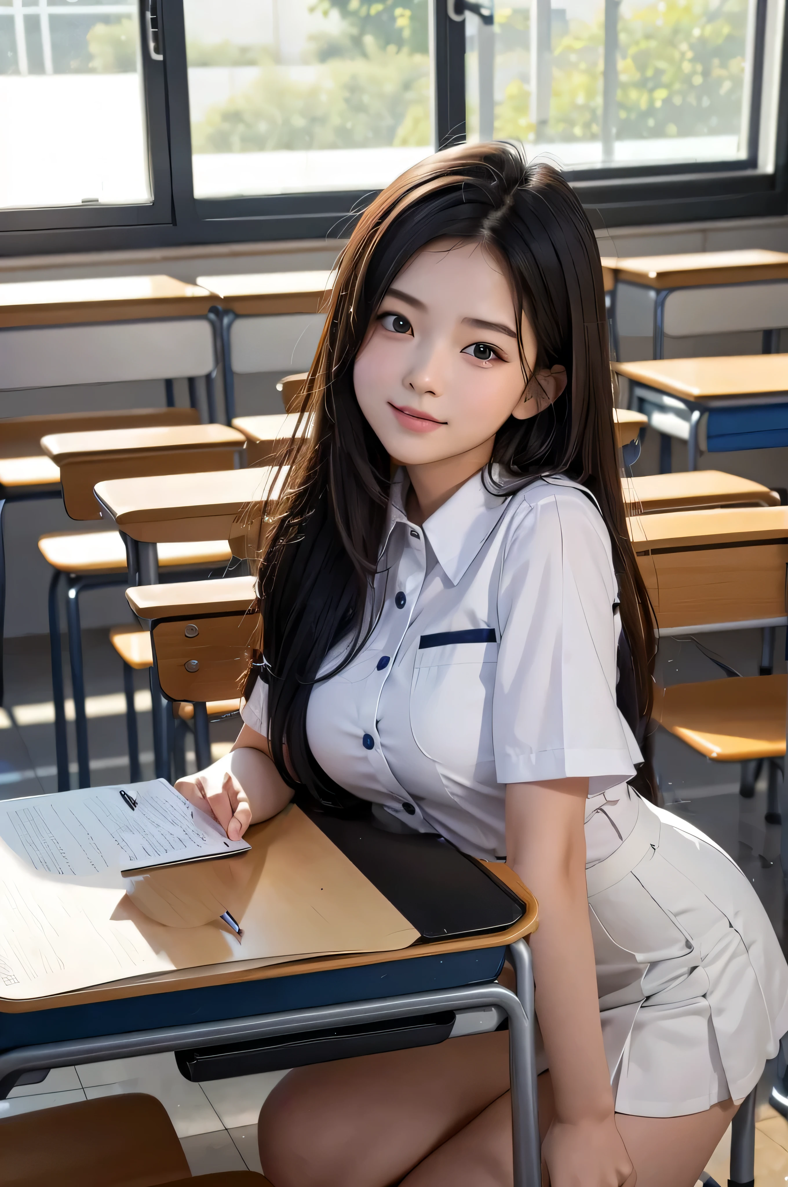 Changed to a uniform of white shirt and navy blue miniskirt。