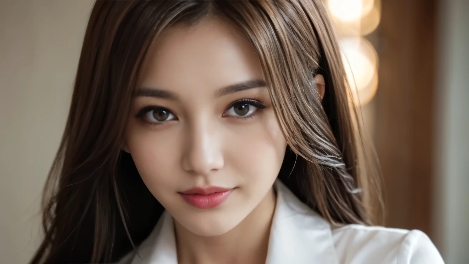 table top, highest quality, realistic, Super detailed, finely, High resolution, 8k wallpaper, 1 beautiful woman,, light brown messy hair, wearing a business suit, sharp focus, perfect dynamic composition, finelyて美しい目, thin hair, Detailed and realistic skin texture, smile, close-up portrait, model body shape