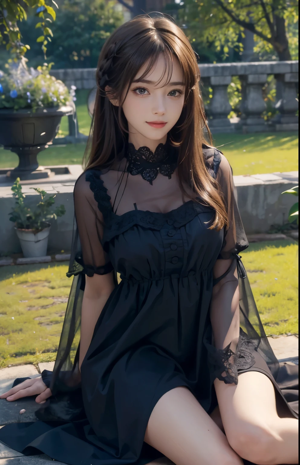 (ultra realistic) , (illustration), (increase resolution), (8K), (extremely detailed), (best illustration), (beautiful detailed eyes), (best quality), (ultra-detailed), (masterpiece), (wallpaper), (detailed face), solo,1 girl, looking at viewers, delicate details, detailed faces, in the dark, deep shadow, low key,pureerosfaceace_v1, happy smile, dark summer dress, full body, sitting on the ground, garden