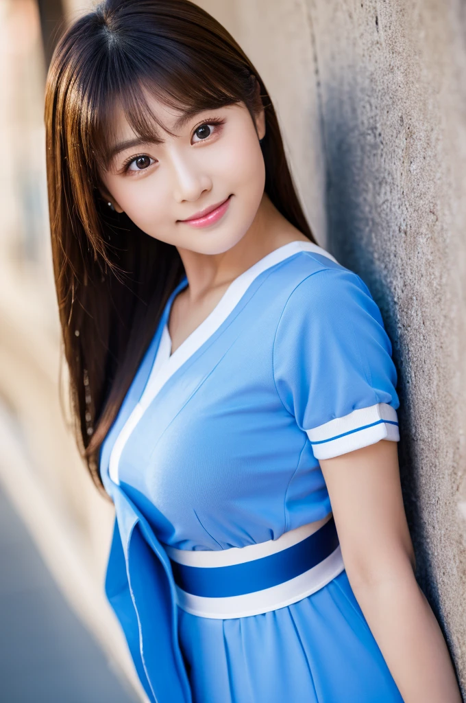 masterpiece、1 beautiful girl、fine eyes、puffy eyes、highest quality, 超High resolution, (reality: 1.4), movie lighting、Japanese、asian beauty、Korean、super beautiful、beautiful skin、body turns forward、close up of face、(超reality的な)、(High resolution)、(8K)、(very detailed)、(美しくfine eyes)、(Super detailed)、 (wall-)、detailed face、bright lighting、professional lighting、looking at the viewer、look straight ahead、slanted bangs、Nogizaka Idol、korean idol、masterpiece, highest quality, masterpiece, highest quality, perfect face, perfect brown eyes with white sclera, bad move-5, alone, 1 girl, Upper body, brown hair, From SF2, Chinese service, smile, wide hips, muscular woman, blue clothes, pantyhose, pelvic curtain, Plump short sleeves, Good cover, sash, evaluation:safety
