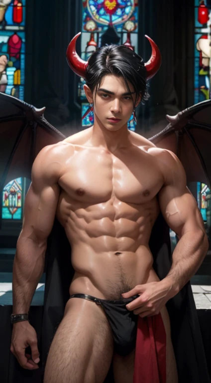 Masterpiece, realistic, Take a photo, 1 boy, A sexy young Roman Catholic priest turns into a red-skinned hot demon., black hair, glowing red eyes, Long black claws on his fingers and large horns, as well as large demon bird wings., He wore a black loincloth., หลุดออกมาจากเสื้อคลุมนักบวชที่ฉีกขาดและฉีกขาดเผยให้เห็นกล้ามabdomenของเขา, abdomen, biceps, Perky shoulders and nipples. A seductive expression on his face., He was surrounded by glowing human skulls., Stained glass window inside Gothic church background