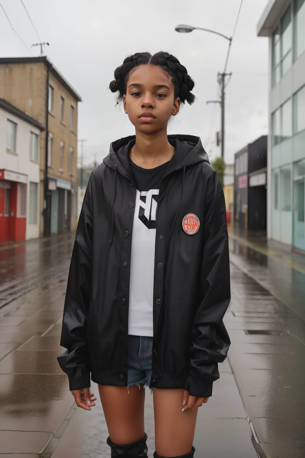 Milnrow, 2023. A young ((((19-year-old)) Maia Allen)), black girl, skinny, under the rain, wet, ((sad expression)), ((((clothings from the 2020s)))), ((hairstyle of the 2020s)) 