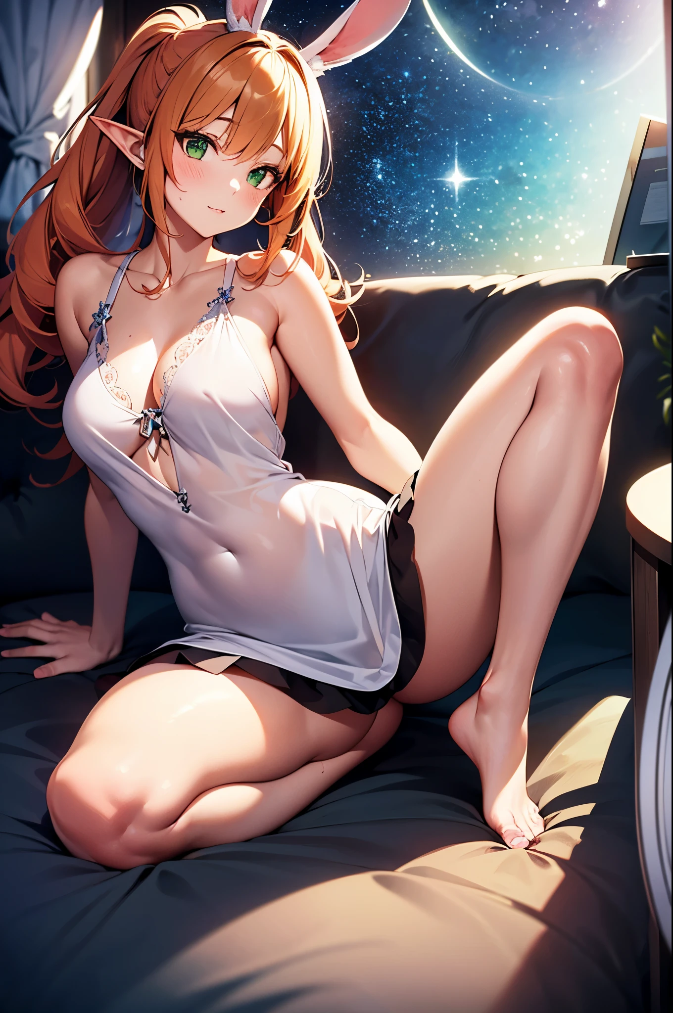 Realistic image, detailed image, coherent image. 1 beautiful elf. dressed in a transparent nightgown. She has long, curly orange hair, styled in a ponytail. Green eyes with long eyelashes. Sensual expression. She has rabbit ears and tail. She has a curvy body, medium breasts, thick thighs. She is sitting cross-legged. She is in a penthouse on a starry night. View from above. Arching her back. Soft focus, Dramatic shadows, Volumetric lighting, natural lighting. ISO:100, F1.4, --equals 2