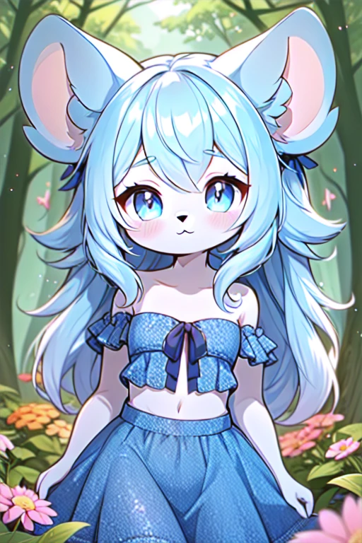 furry,cute girl,chibi,mouse ears,blue hair, blue dress,sleveless,strapless,midriff,white skin,in forest,looking at viewer,smile,closed mouth,flowers,slightly above,