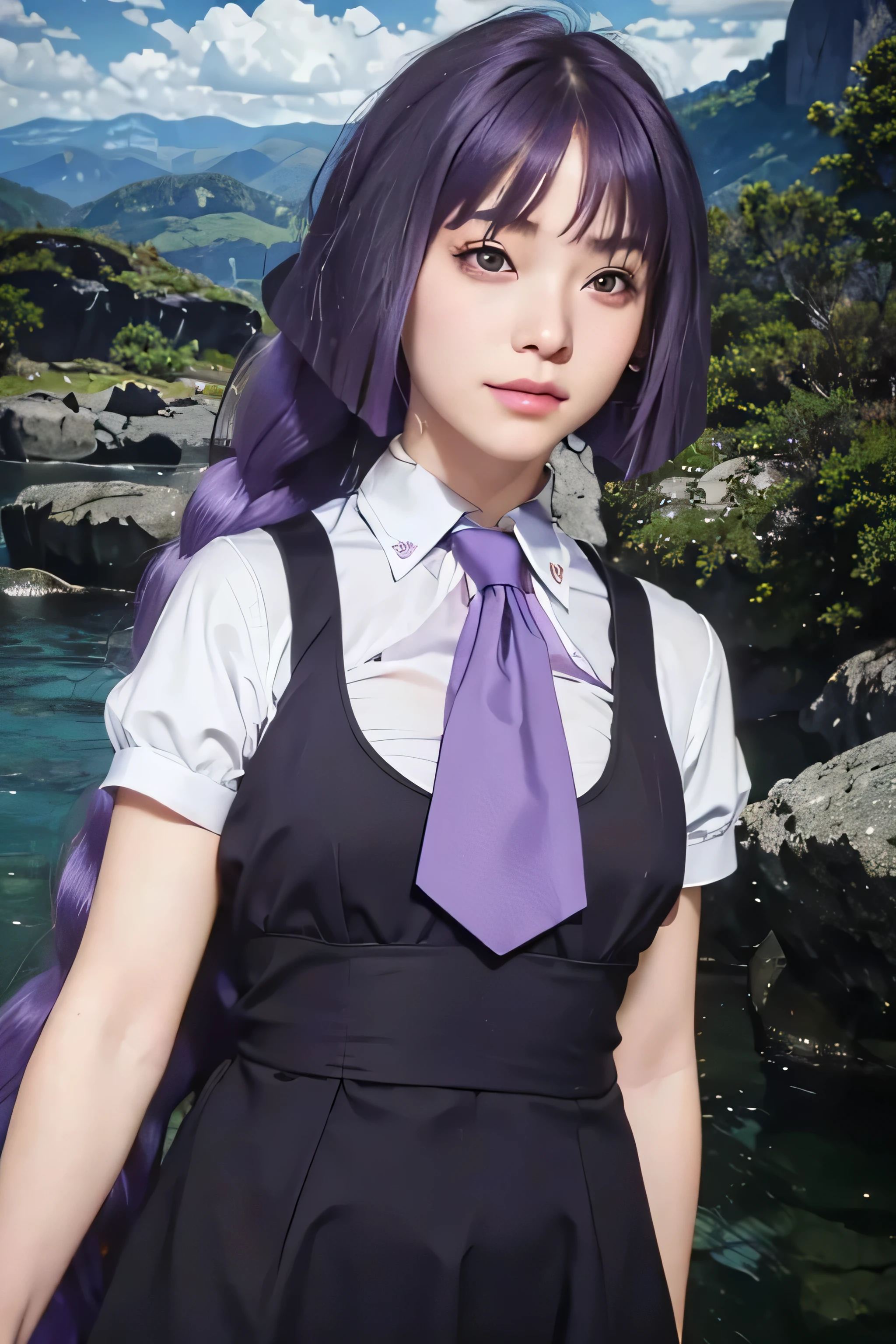 masterpiece, best quality, (realistic,photo-realistic:1.4), (RAW photo:1.2), extremely detailed CG unity 8k wallpaper, delicate and beautiful, amazing,finely detail, official art, absurdres, incredibly absurdres, huge filesize, ultra-detailed,extremely detailed eyes and face,light on face,sumire kakei,(little smile),(purple hair:1.4),(long hair:1.6),(white shirt:1.5),necktie,black dress 