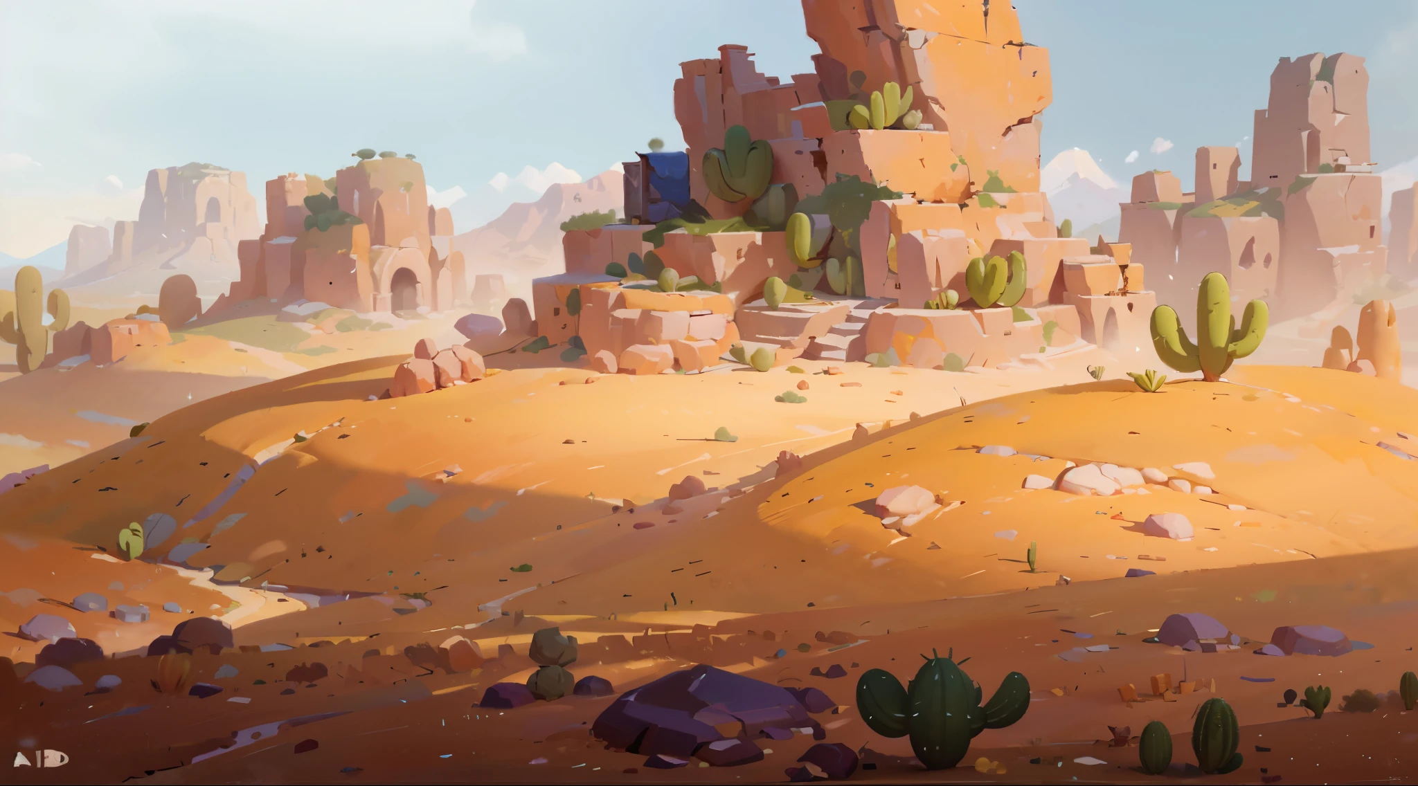 there is a painting of a desert with cactus trees and rocks, background art, stylized concept art, painted as a game concept art, digital painting concept art, background artwork, desert environment, painterly concept art, oil paint concept art, environment painting, concept art style, 8k high quality detailed art, environment concept art, environment and concept art