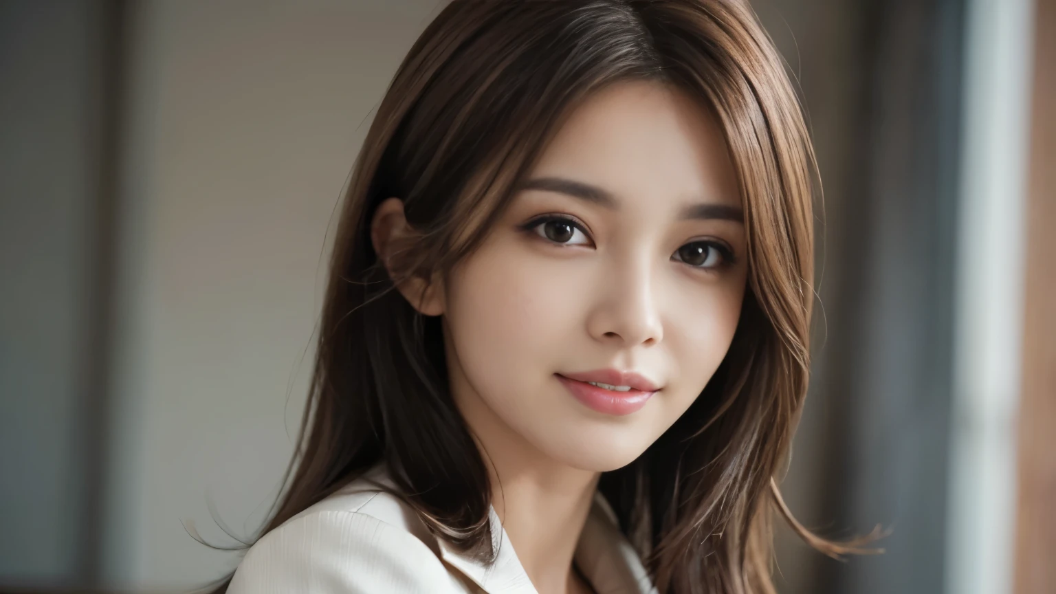 table top, highest quality, realistic, Super detailed, finely, High resolution, 8k wallpaper, 1 beautiful woman,, light brown messy hair, wearing a business suit, sharp focus, perfect dynamic composition, finelyて美しい目, thin hair, Detailed and realistic skin texture, smile, close-up portrait, model body shape