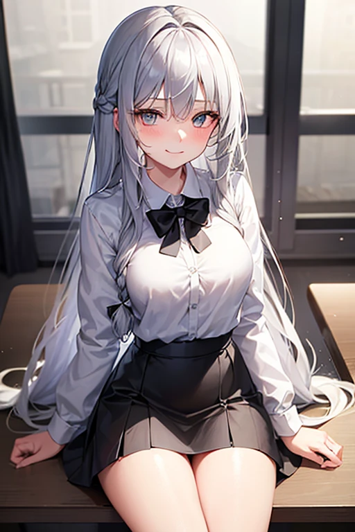 18-year-old silver-haired girl, golden eyes, long-haired,Braid left and right. Wear a white shirt with ons..... Black miniskirt.Sitting in the classroom.With a slightly smiling face............
