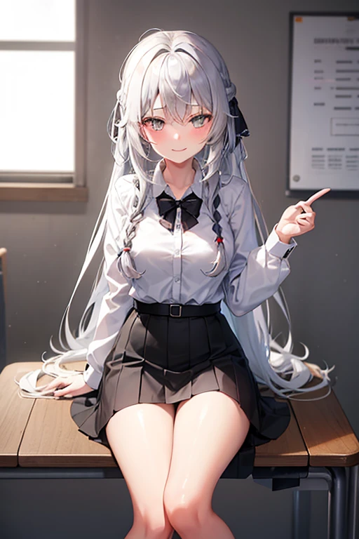 （top-quality、4k、8k、8k、hight resolution、​masterpiece：1.2）、ultra-detailliert、（realisticlying、Photorealsitic、Photorealsitic：1.37）、Beautiful detailed yellow eyes、Twin tails、silber hair、red blush、tiny chest、teats、barechested、zora々Right、Doll-like face、thin、full of shyness、fair skin、Spread legs、lotion、perfect fingers、Cat's ears、School Uniforms、lifting skirts、Self-lifting skirt、the transparent white shirt、low angles