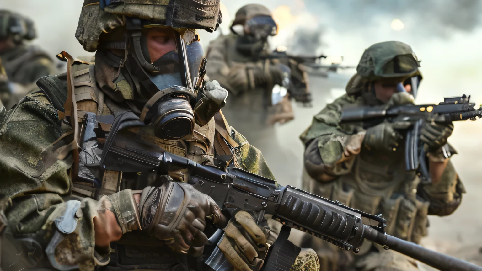 soldiers in gas masks and gas masks with weapons in a field, fps game, realistic soldiers, military photography, warzone background, cinematic —ar 16:9, realistic apocalyptic war scene, military gear, cinematic 4k octane render, ( apocalyptic ) 8 k, fps shooter game, special forces, 4 k cinematic octane render, post - apocalyptic warriors