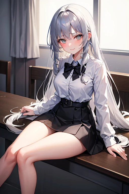 (masterpiece, Best quality, absurd), 1 girl, white hair, long hair, straight hair, blunt bangs, light blue eyes, big breasts, aesthetic waist, pale skin, white shirt, short jeans, black stockings and black heels, face angry face, beautiful, full length, masterpiece, in an abandoned dark building, at night, pointing finger at me, sitting on a wooden platform, ruka, view from below, threatening