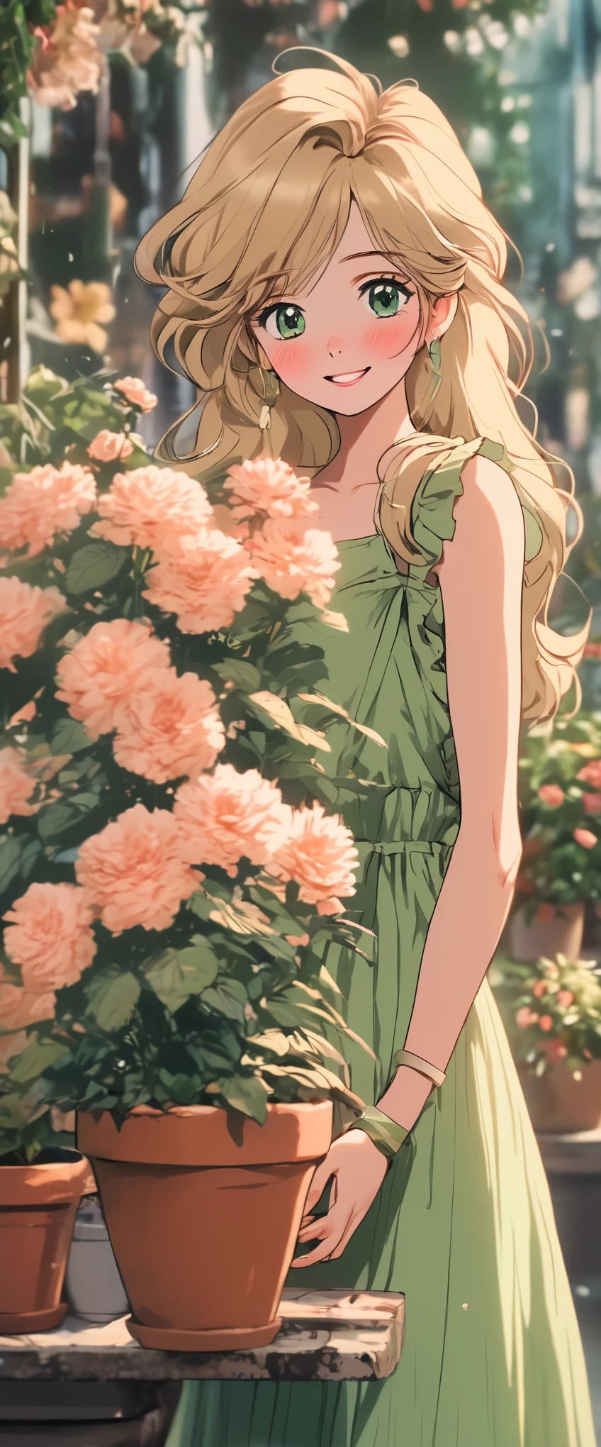 1 girl, :D, animal ear hair, Animal ears, Bangs, black hairbanD, blonDe hair, vague, vague backgrounD, Depth of fielD, Dress, flower, flower pot, frilleD Dress, decorate, green Dress, green eyes, hairbanD, holDing, long hair, open mouth, pink flower, plant, potteD plant, sketch, sleeveless, sleeveless Dress, Smile, alone, Tail, wrist cuffs, yellow flower, 1980s (style)