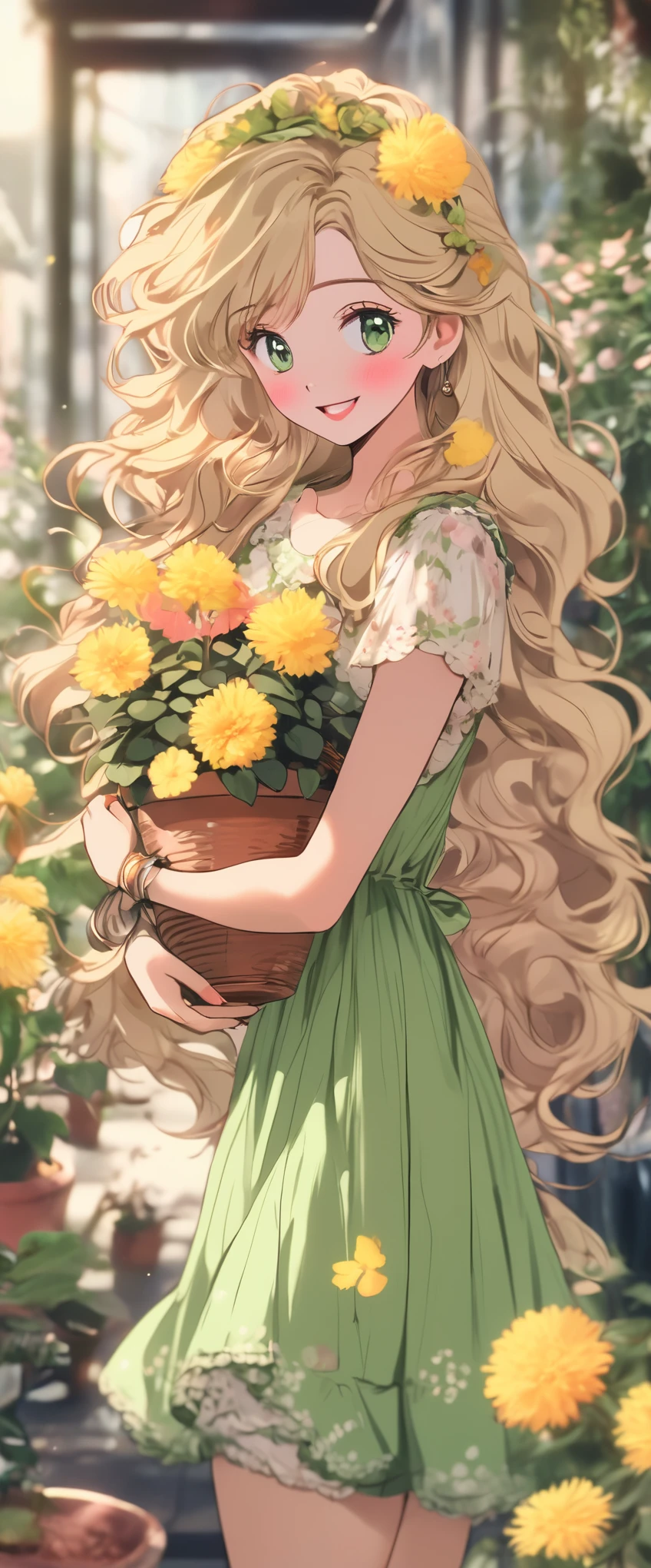 1 girl, :D, animal ear hair, Animal ears, Bangs, black hairbanD, blonDe hair, vague, vague backgrounD, Depth of fielD, Dress, flower, flower pot, frilleD Dress, decorate, green Dress, green eyes, hairbanD, holDing, long hair, open mouth, pink flower, plant, potteD plant, sketch, sleeveless, sleeveless Dress, Smile, alone, Tail, wrist cuffs, yellow flower, 1980s (style)