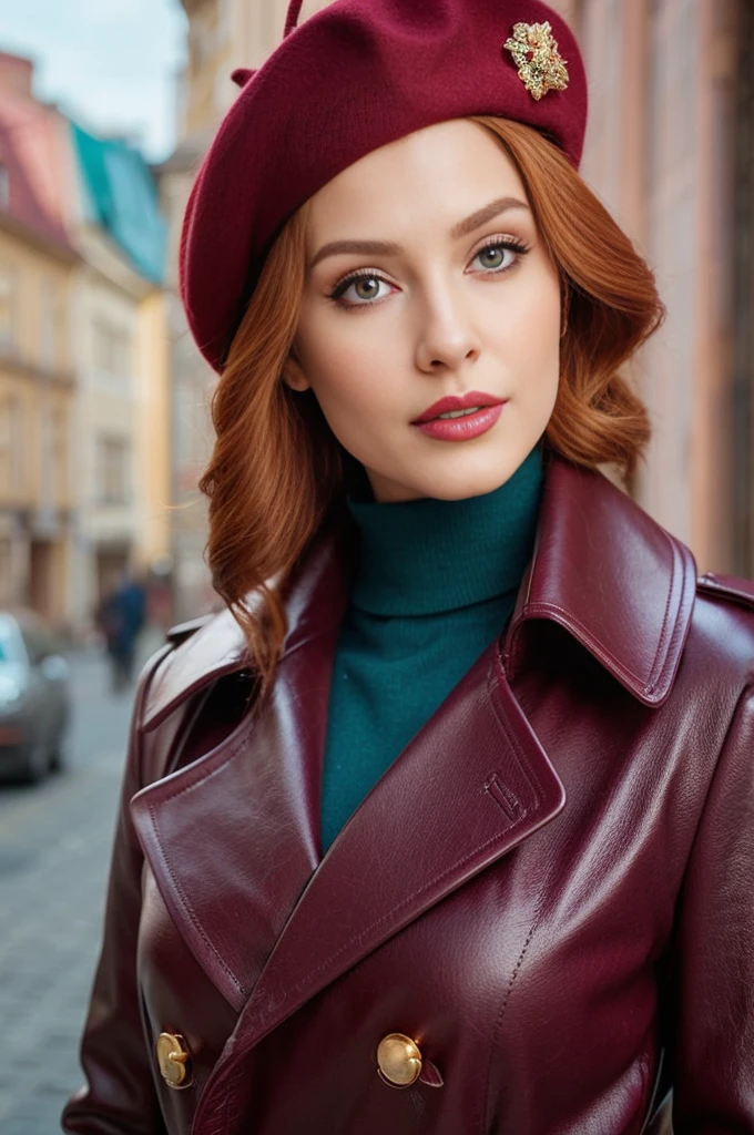A close-up portrait of a gorgeous, beautiful, stunning russian woman wearing a classy outfit: a red wine double breasted leather trench coat, a green turtleneck sweater and a red wine pink beret. A redhead woman from Russia, delicate red lips, pastel pink skin tone, soft flawless pale skin, elegant make-up, red lipstick. Classy, elegant, sophisticated redhead woman, a majestic lady, dream beauty, ethereal beauty, angelical beauty, delicate, sensitive, tender, lovely, romantic, kind-hearted, so femenine and strong, brave, determinated woman. Elegant look, flowing and glowing wavy ginger hair. She's making a photo book, posing for camera, professional photograph, editorial photograph, portrait photograph of a russian model.