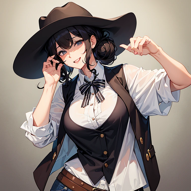 10th Generation,A beautiful woman,Beautiful breasts,Moe,Succubus,bat wings on the back,,Cow horns on the side of the head,No bra,Nipples,Holding a bra in your hand,Cowhide jacket,Denim shorts,Ten-gallon hat