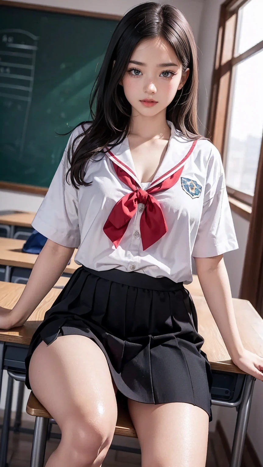 (1ung girl), extremely beautiful, extremely cute, Amazing face and eyes, makeup, (extremely detailed beautiful face), High school uniform, mini skirt, (High school uniform wide open breasts), Beautiful breasts, (Best Quality:1.4), (Ultra-detailed), (extremely detailed CG unified 8k wallpaper), Highly detailed, raw photos, Professional Photography, cinematic lighting, indoor, School, classroom, sitting, spread legs wide open, (no panties:1.4), (Bokeh), depth of fields,