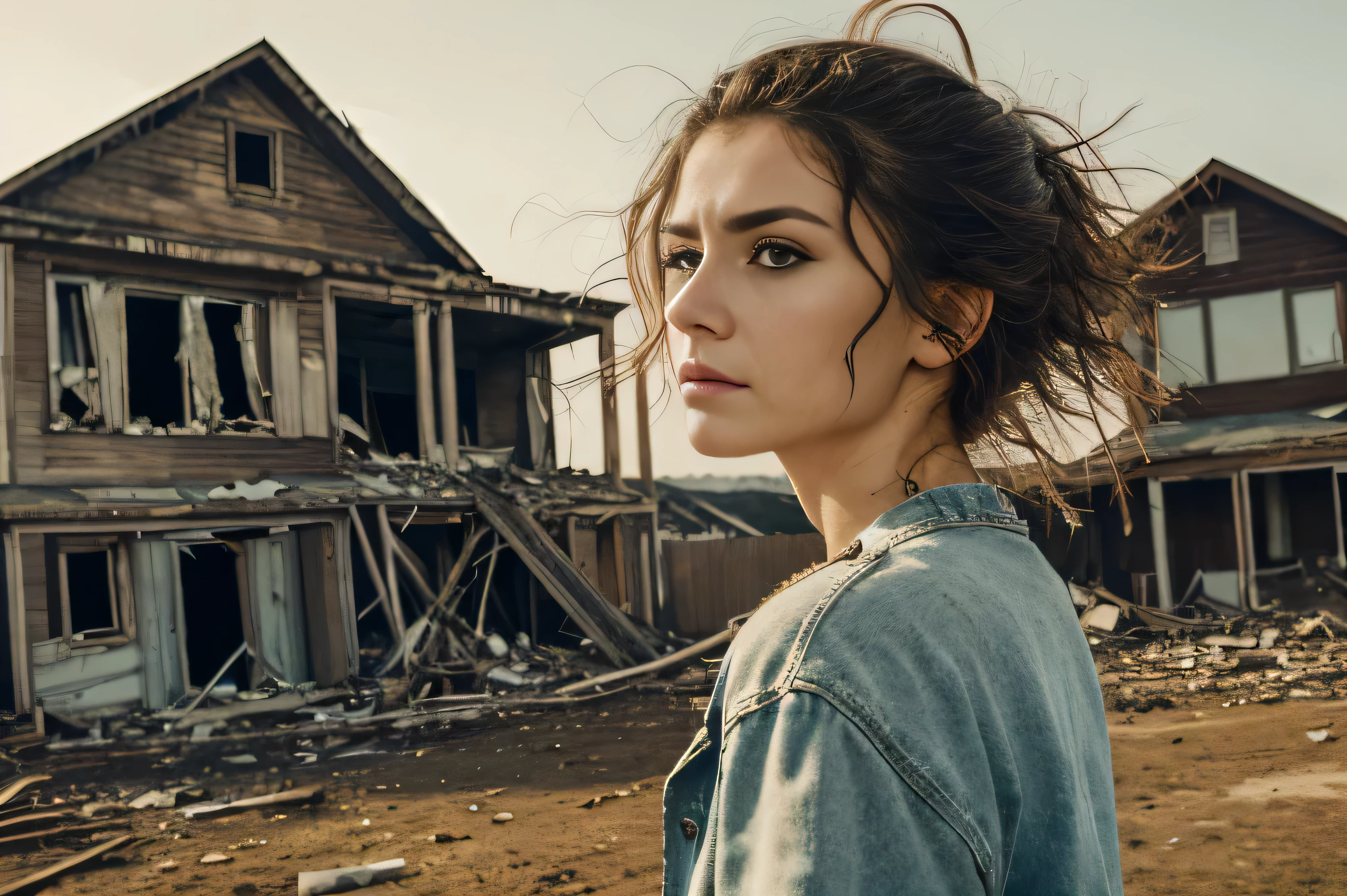 (best quality,highres),1girl,wild disheveled hair,tattered clothing,serious expression,gazing ahead,desolate background,ruined houses